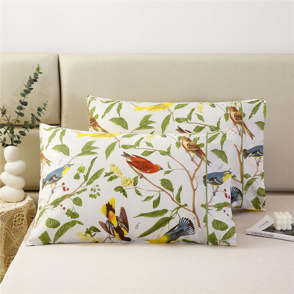 URBONUR 100 Cotton Pillowcases Set of 2 Standard Size Garden Leaves Birds Pri...
