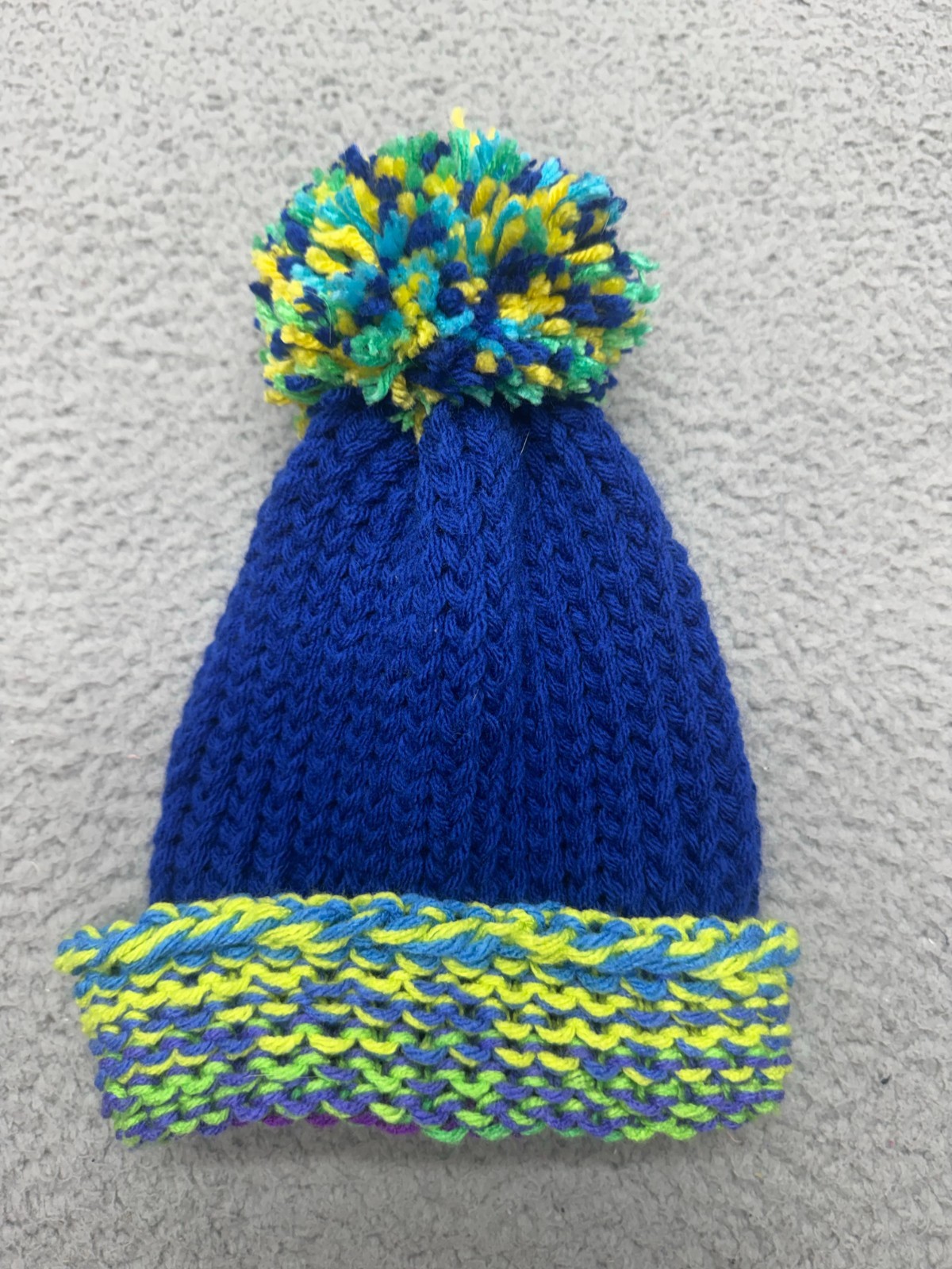 Unbranded Blue Green Yellow Knit Beanie Hat Pom Pom Winter Snow Kids/Adult