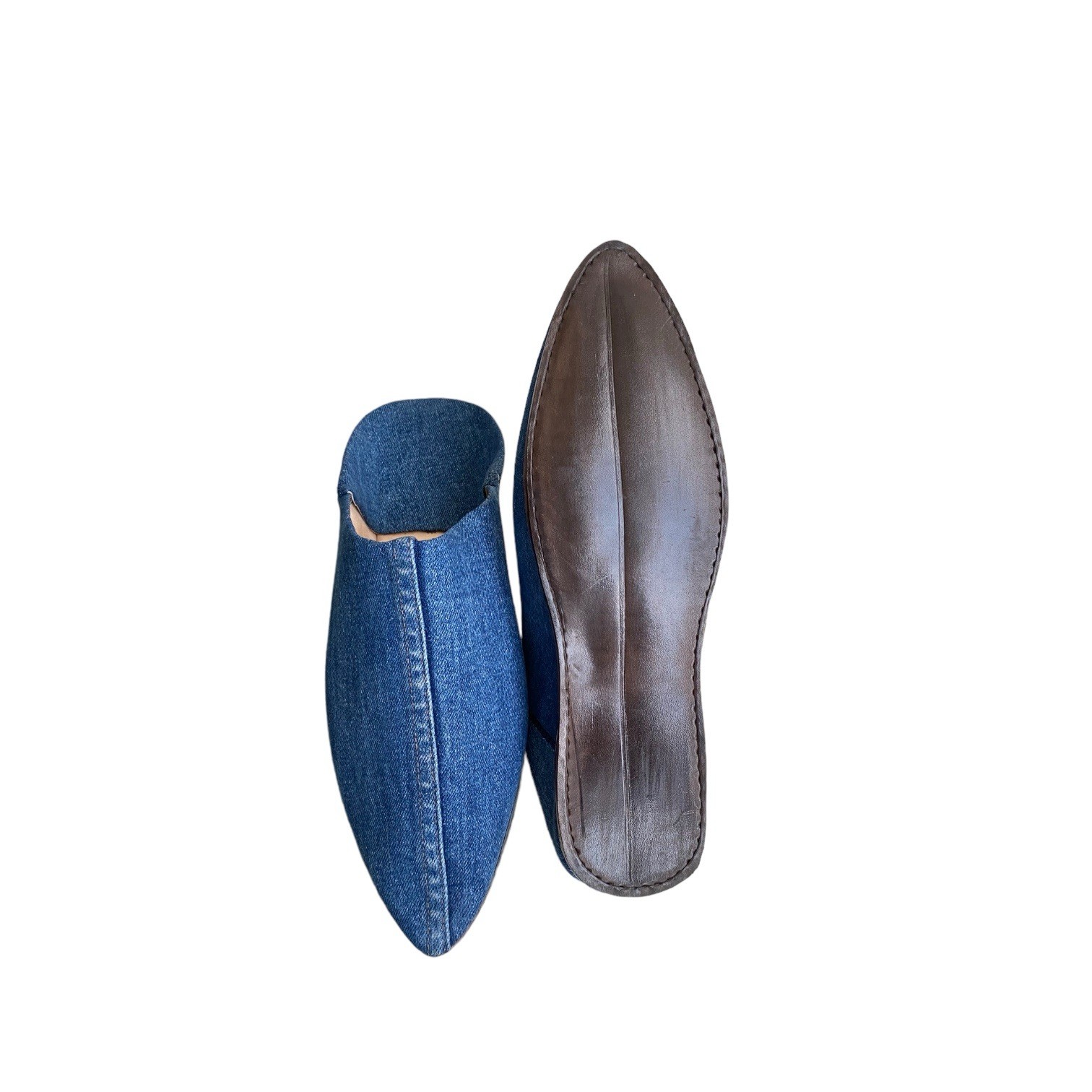 Blue Denim Moroccan Babouches Pointed Toe Leather Lining Handmade