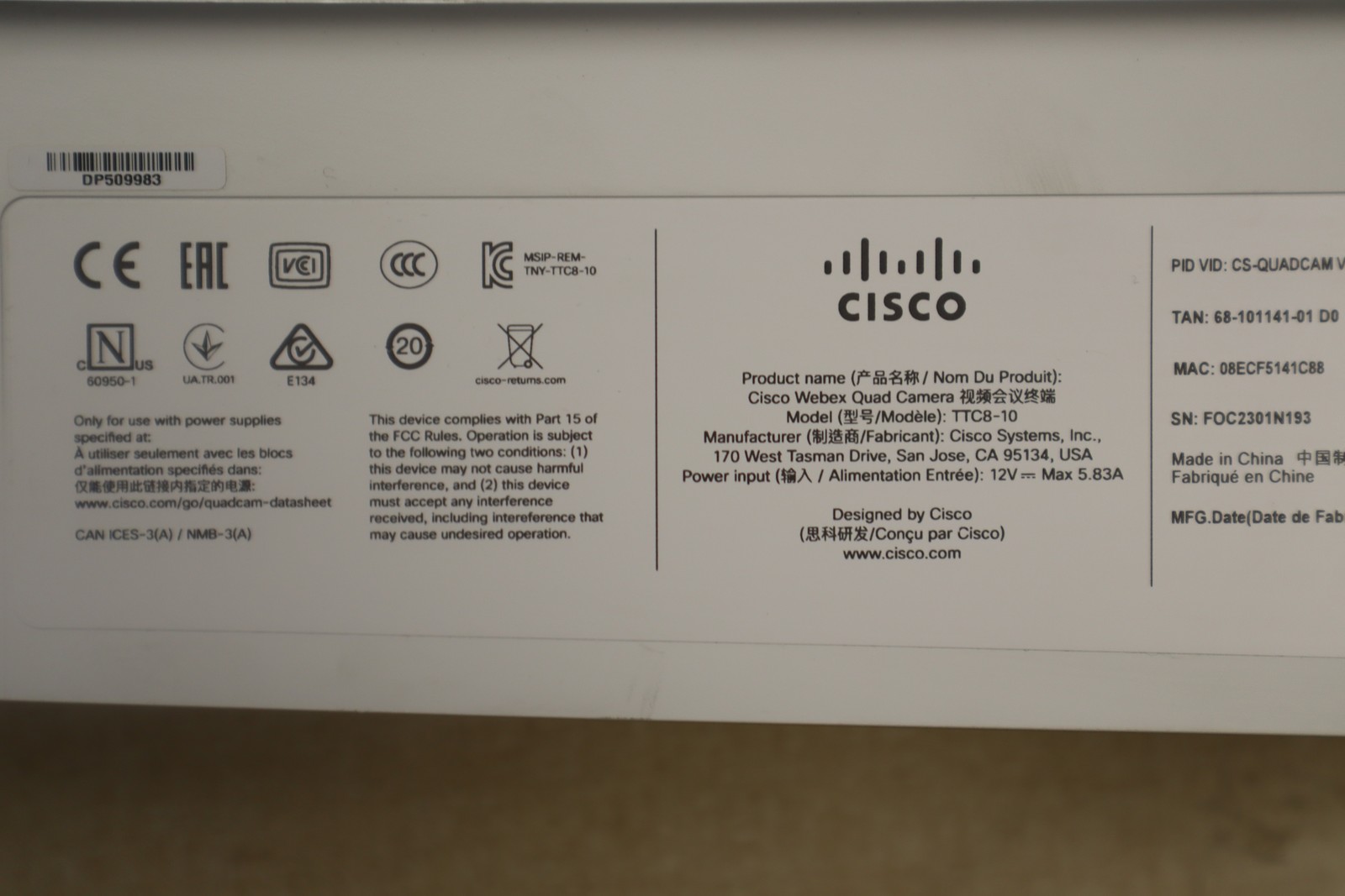 Cisco Webex Quad Conference Room Camera TTC8-10 - Used Condition