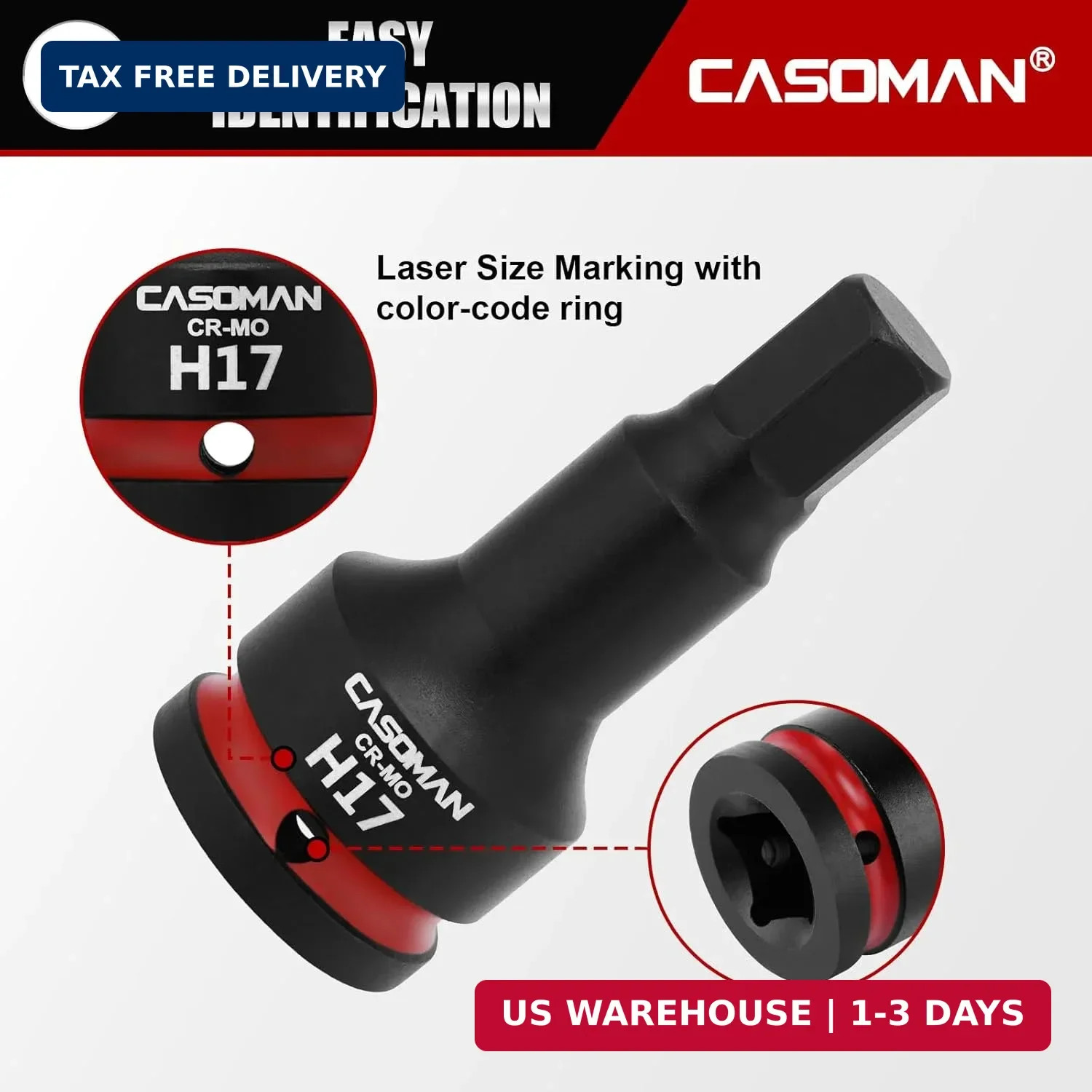 CASOMAN 3/4" Drive Large 17mm Impact Hex Bit Socket, One-Piece H17 Allen Socket