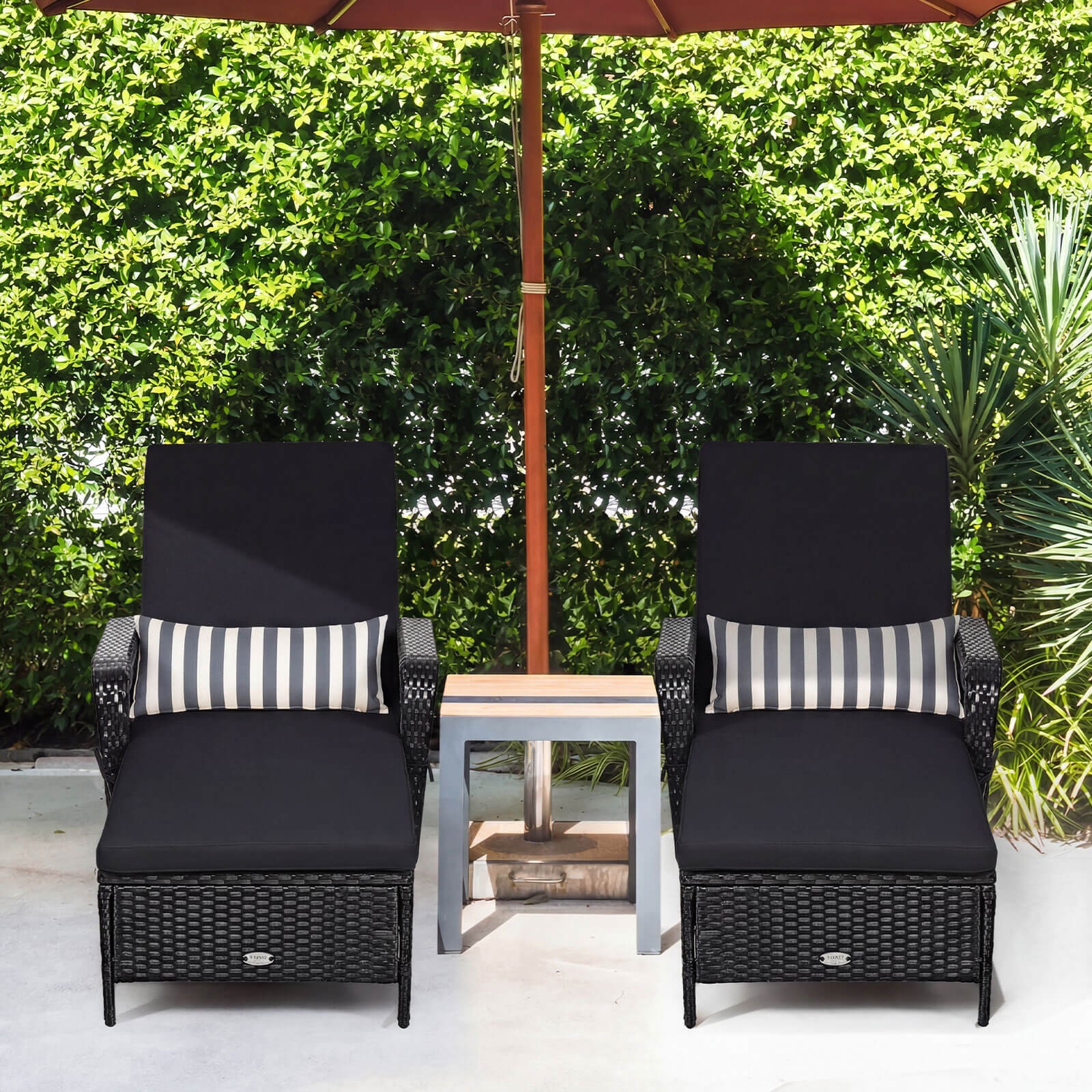 2PCS PE Rattan Chaise Lounge Chair Recliner Adjustable Pillow Black for yard