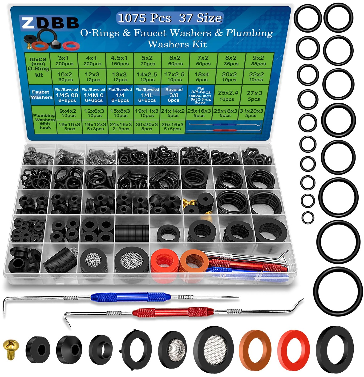 1075 Pcs 3-In-1 Spigot Repair Washers & Hose Gasket & Faucet O-Rings Kit 37 Size
