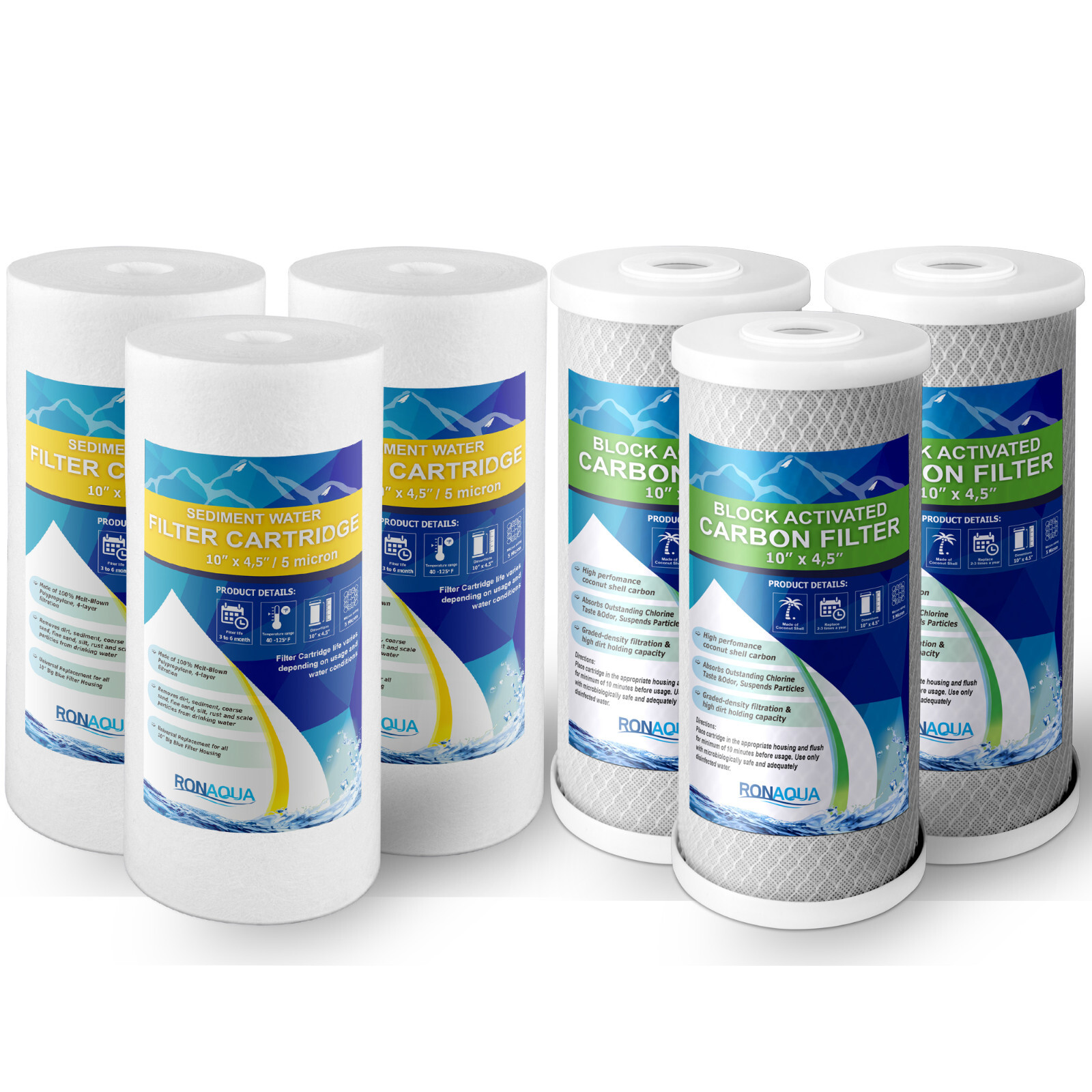 Big Blue  CTO Carbon Block &  Sediment Water Filters 4.5" x 10" Cartridges Set