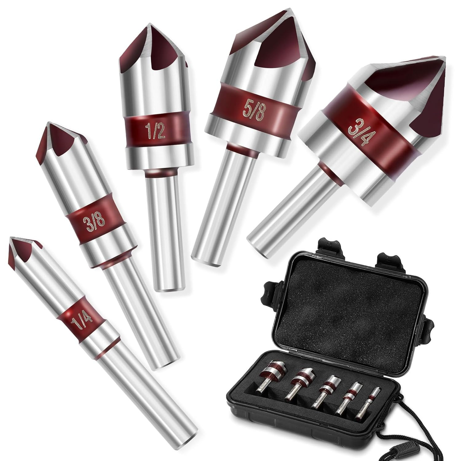 5PCS Cobalt 5-Flute Countersink Drill Bit Set - Heavy-Duty M35 82-Degree Counter