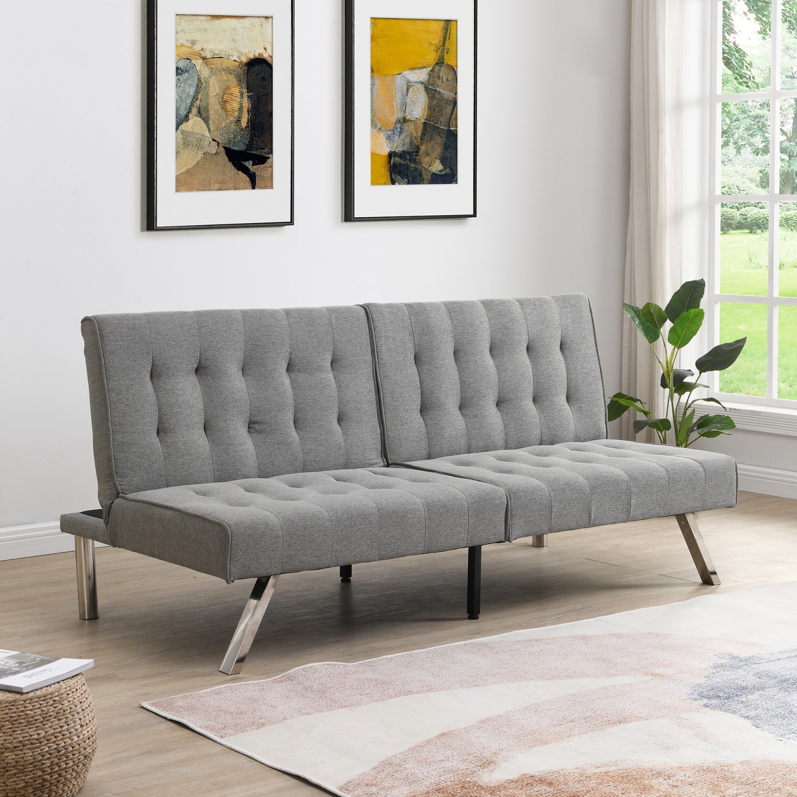 Grey Faux Linen Futon Sofa Bed, 68.1" x 32.9" x 32.3", 650 lbs