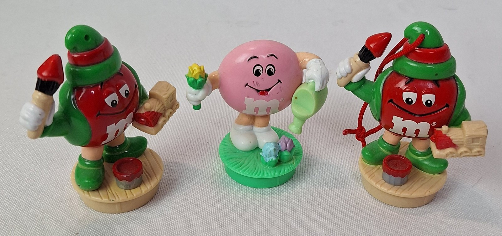 Three 3 Vintage M&M Candy Cake Toppers Easter Christmas 3" Inch Red Pink