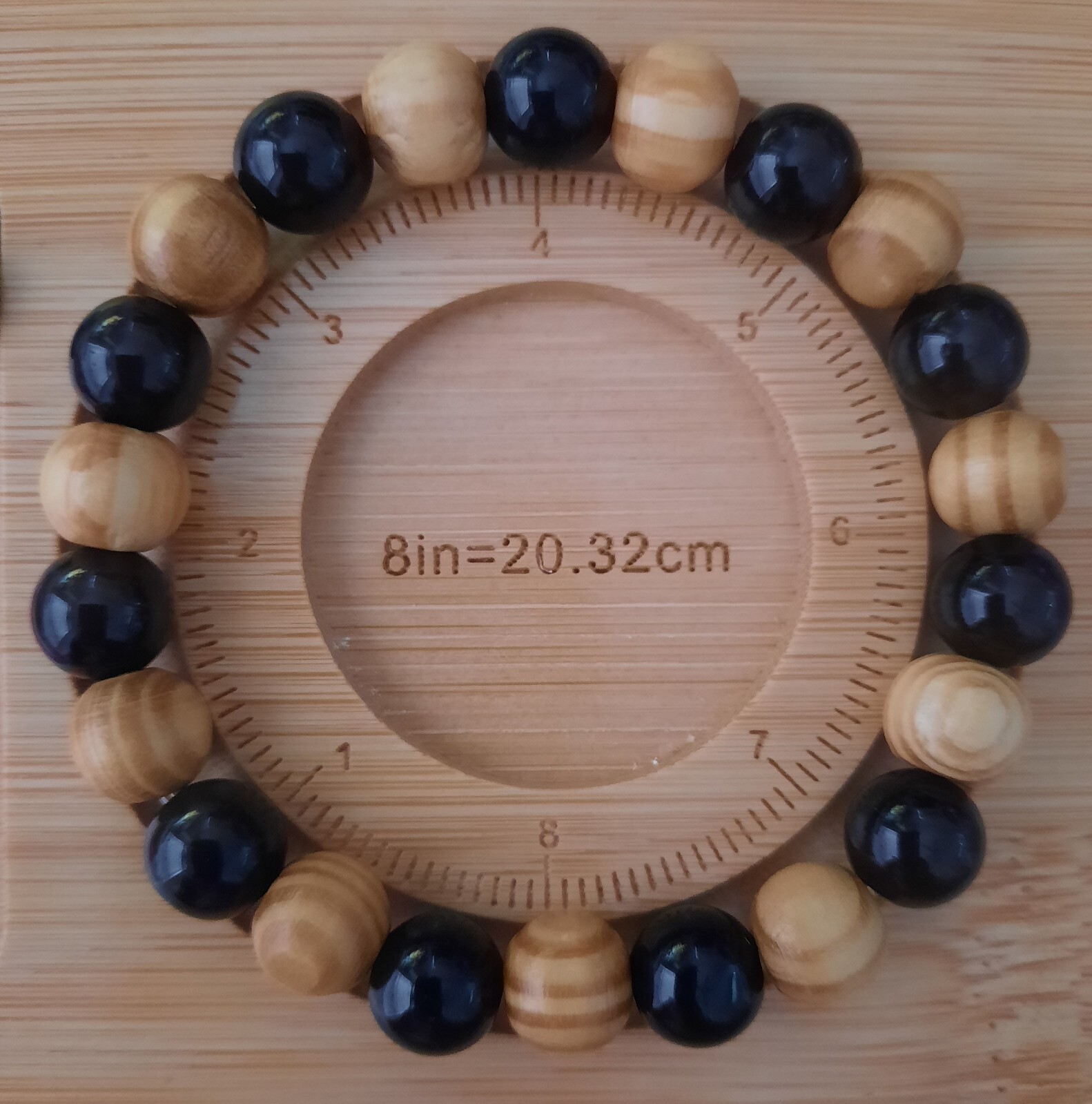 Blk Onyx w/Wood Beads Stretchy Bracelet / 10mm 8inch / Handmade / Free Ship-Box