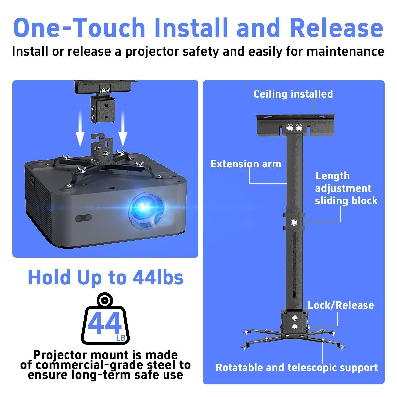Universal Extendable Tilt DLP LCD Ceiling Projector Mount Bracket 44 lbs -Black