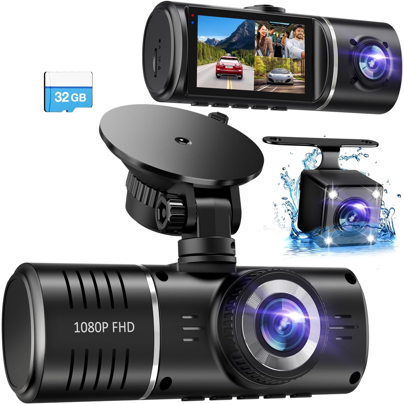 Dash Cam, 3 Channel Dash Cam, 1080P Dash Cam Front and Inside, Triple Dash Ca...