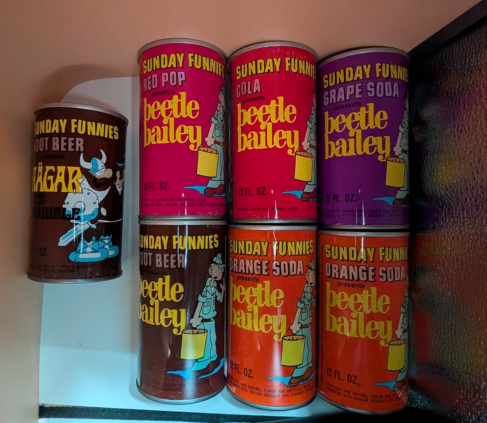 Sunday Funnies Beetle Bailey Cola Red Pop Root Beer Orange Grape Soda Cans Comic