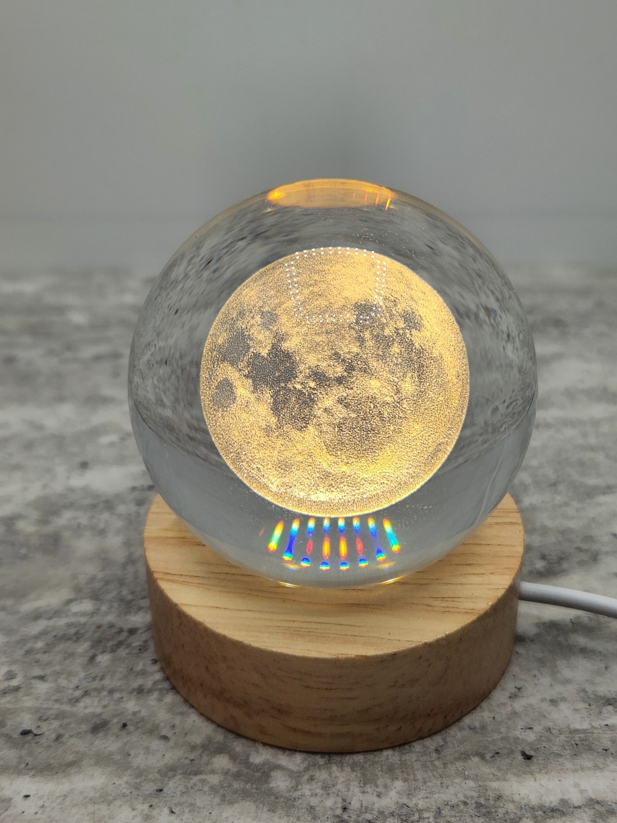 Full Moon Etched Glass Sphere with Light Base