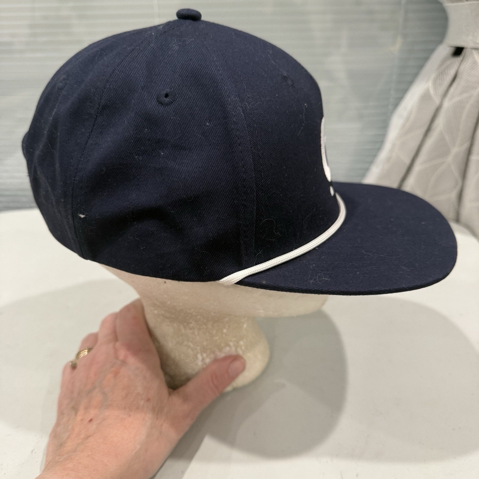 Circle w 2 Dots White Symbol on Navy Hat Cap w White Cord Snapback AHEAD EUC