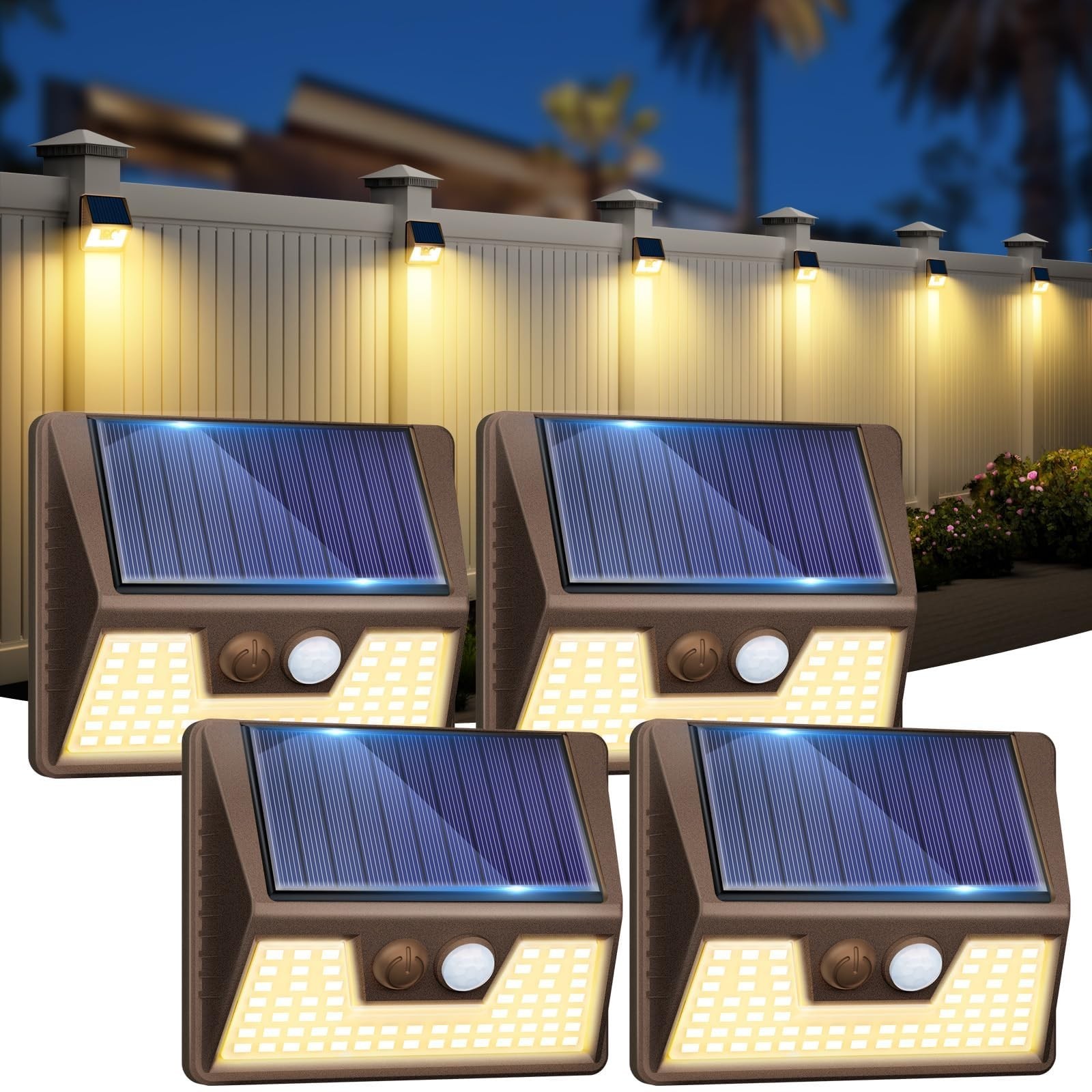 4 Pack Solar Fence Lights Waterproof, Motion Sensor Deck Outdoor, Warm White ...