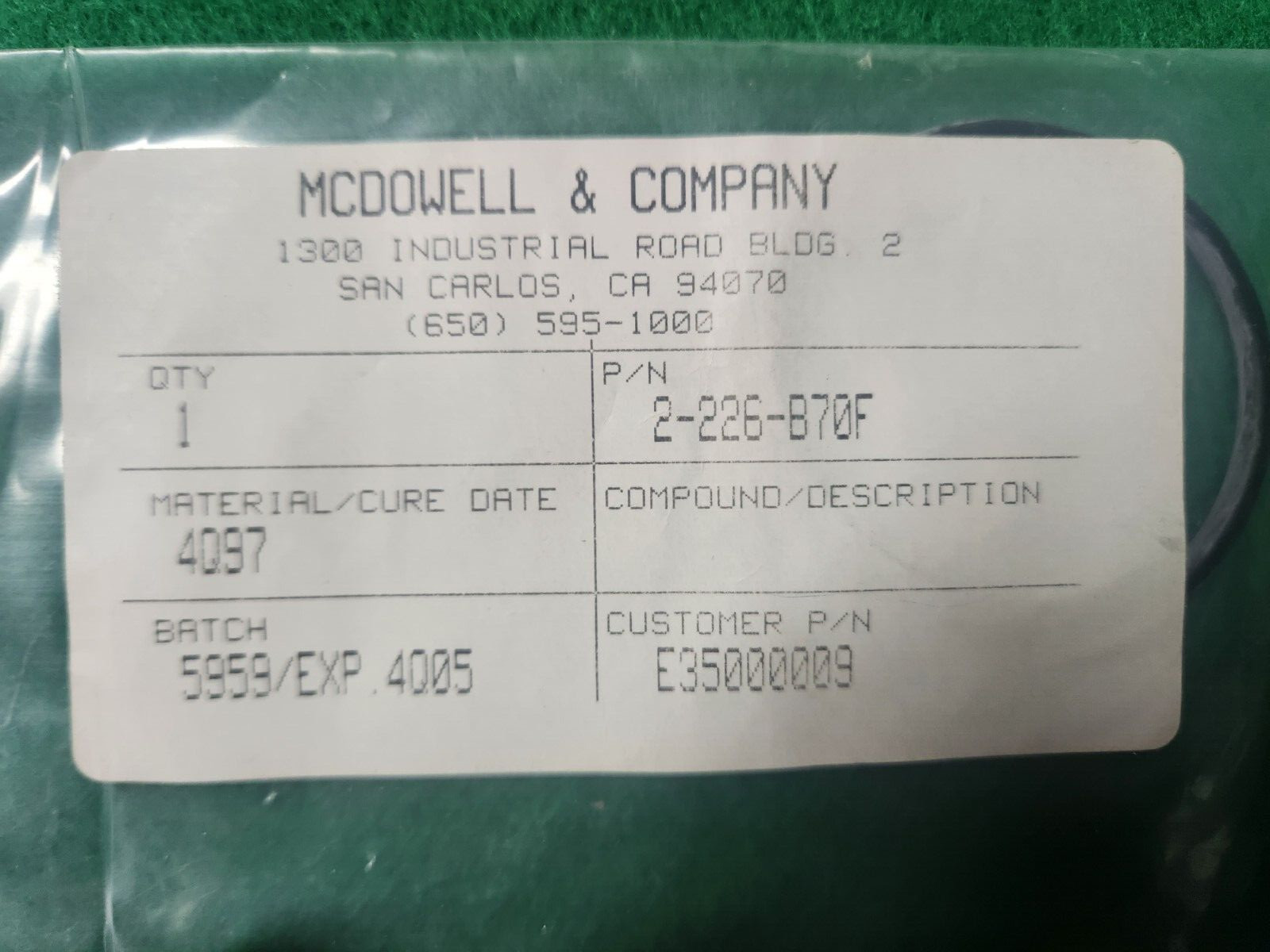 VARIAN E35000009 ORING MCDOWELL 2-226-870F , NEW