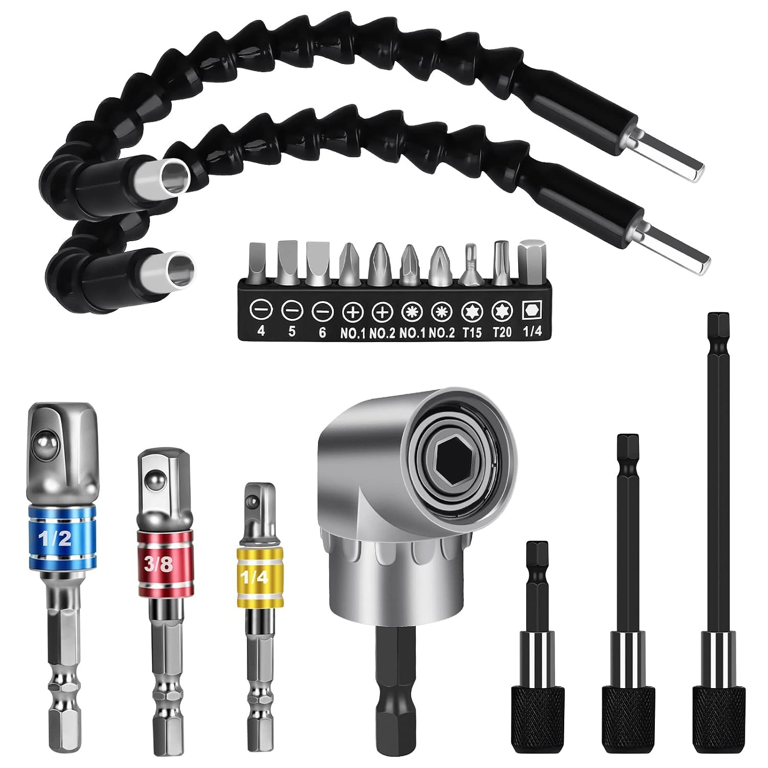 Flexible Drill Bit Extension Set 19Pcs, Hex Shank 105°Right Angle Drill Attachme