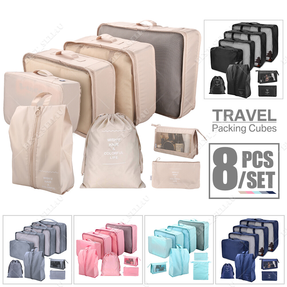8PCS Travel Luggage Organiser Set Suitcase Storage Bags Clothing Packing Cubes
