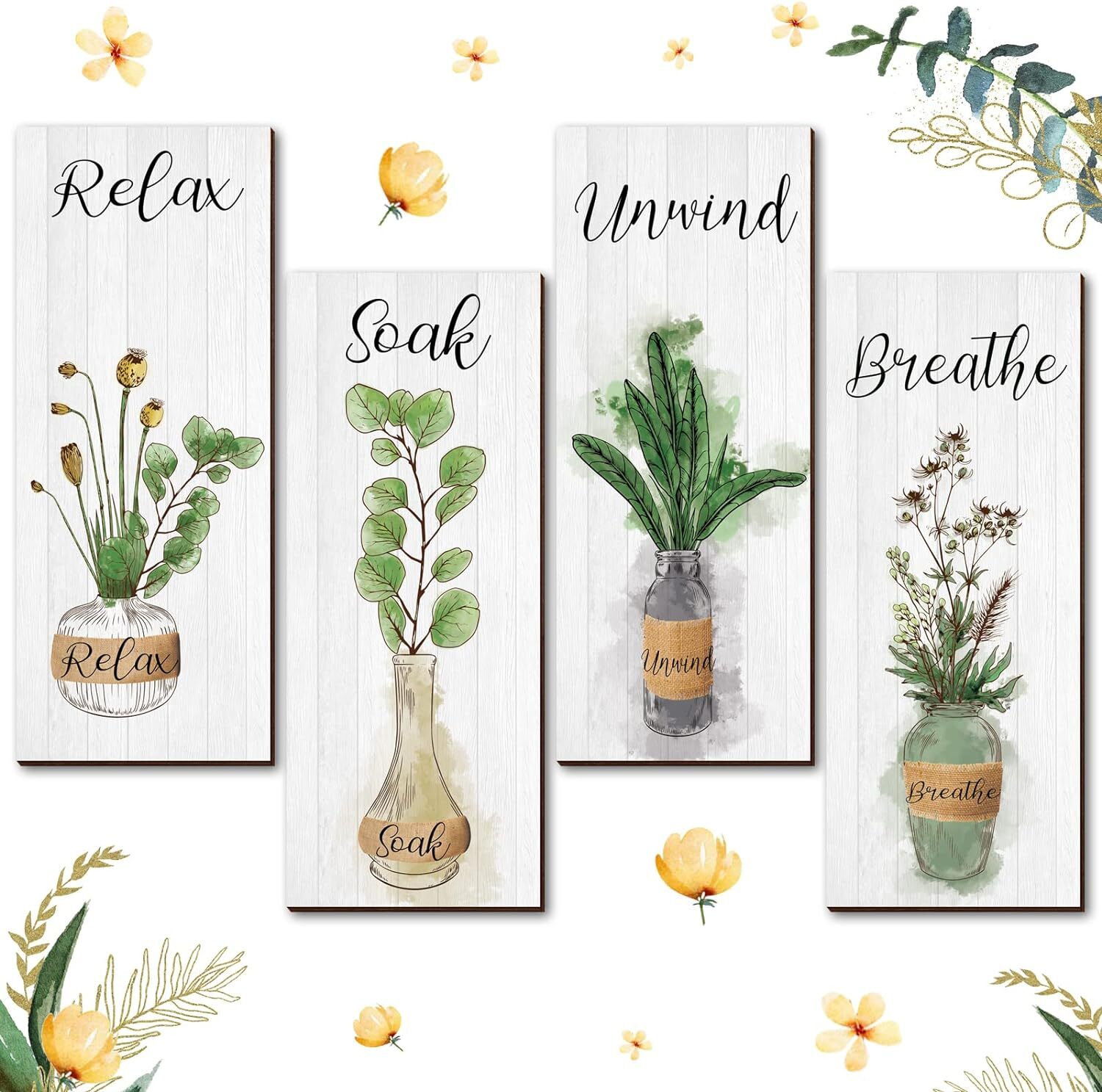 Gerrii 4 Pcs Boho Botanical Bathroom Wall Decor Relax Soak Eucalyptus Leaves