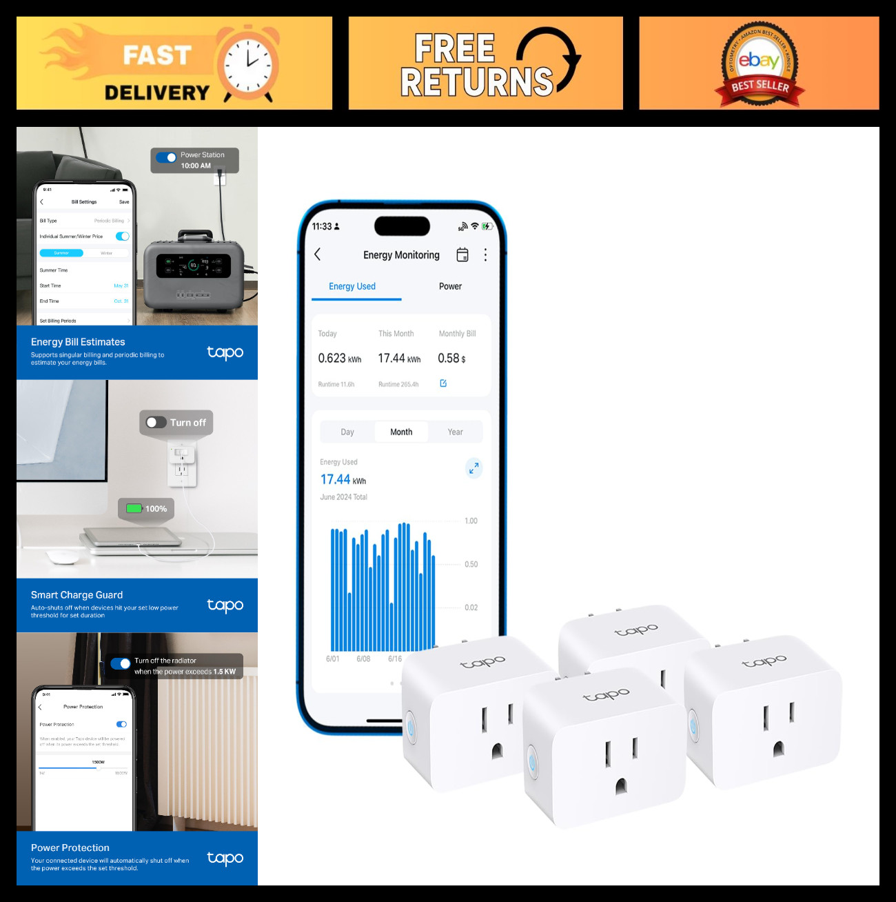 Smart Wi-Fi Mini Plug 4-Pack, Energy Monitoring, Alexa & Google Home Compatible,
