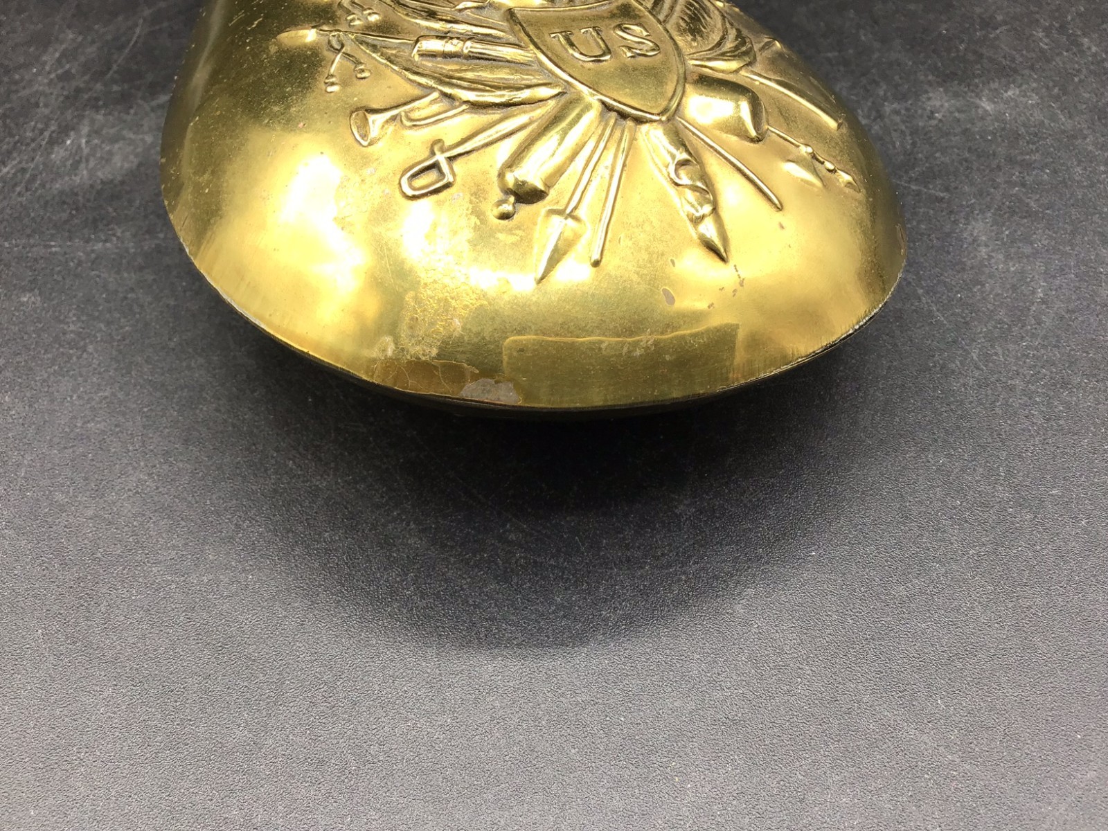 Brass Peace Pattern Powder Flask 9" x 4" U.S. Shield, Eagle & Clasped Hands