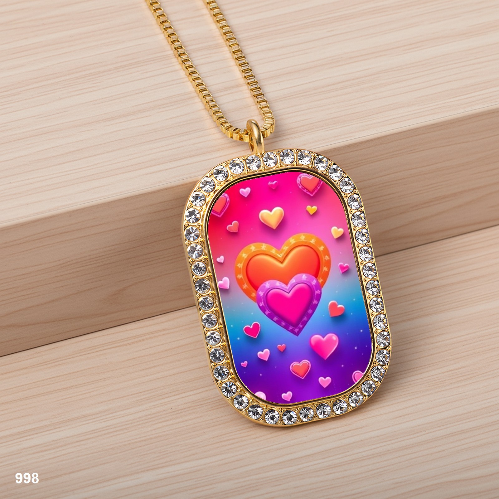 Gorgeous Colorful Hearts Pendant Necklace Graphic Design Sparkling Gold Tone Pur