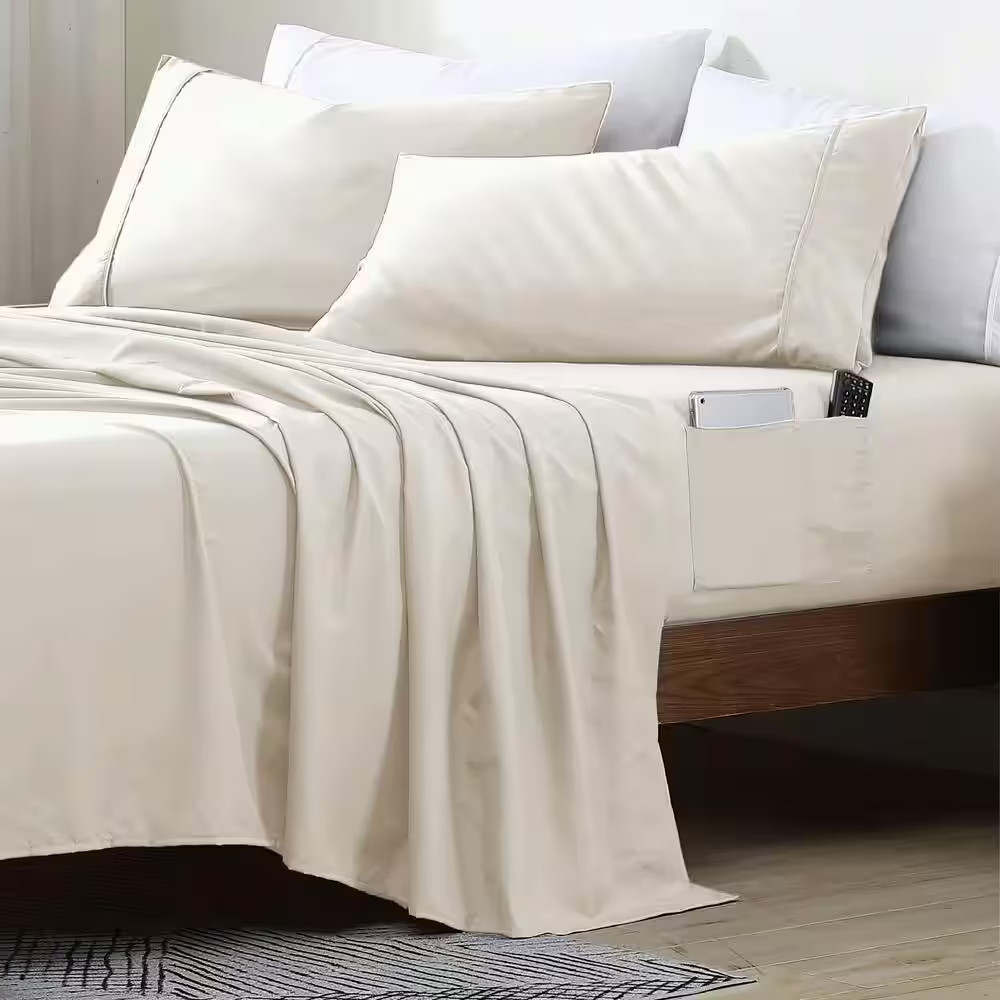 Twin Size Microfiber Sheet Set with 8 In. Double Storage Side Pockets, Coconut M