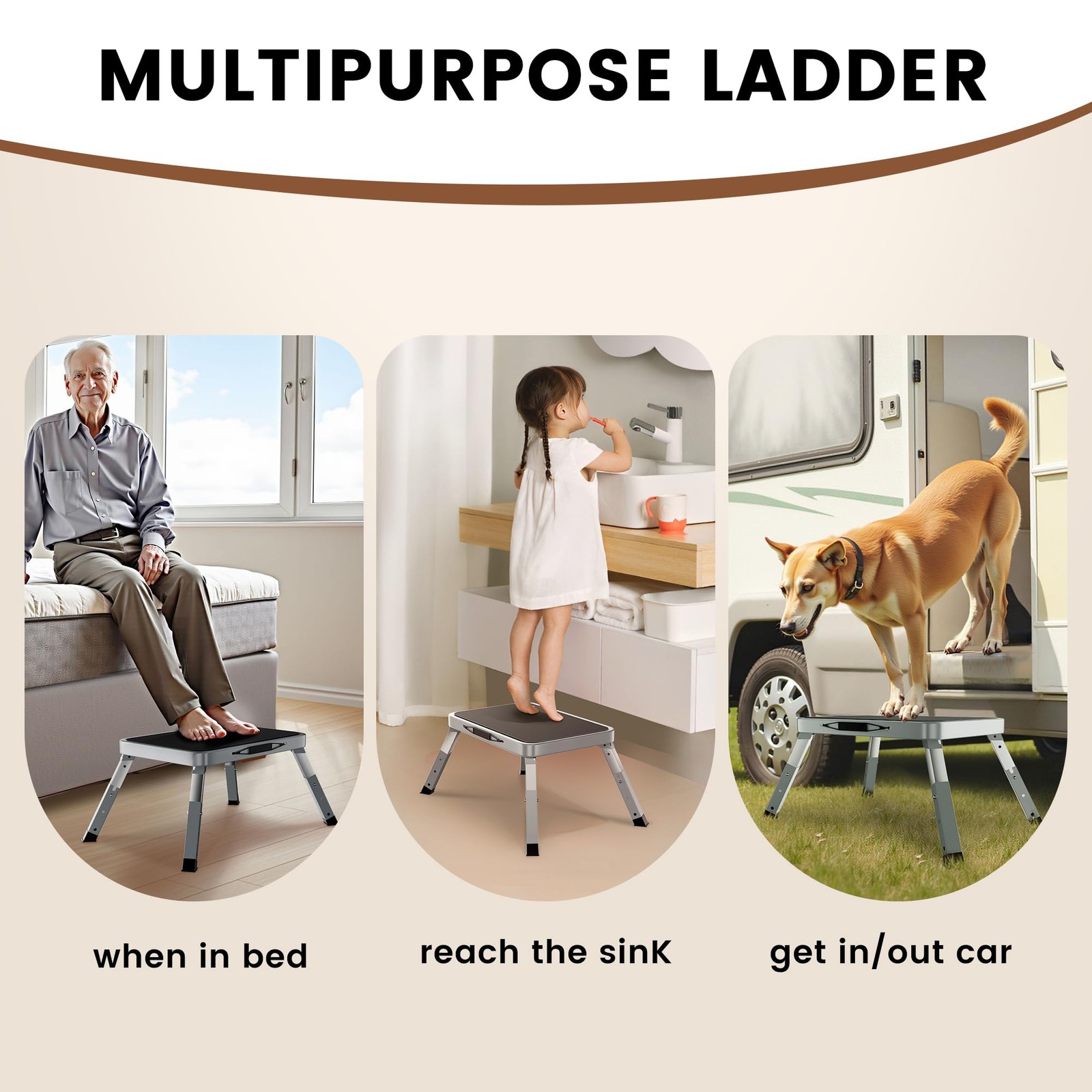 1 Step Stool Folding Height-Adjustable Stool with Anti-Slip Platform, Portabl...