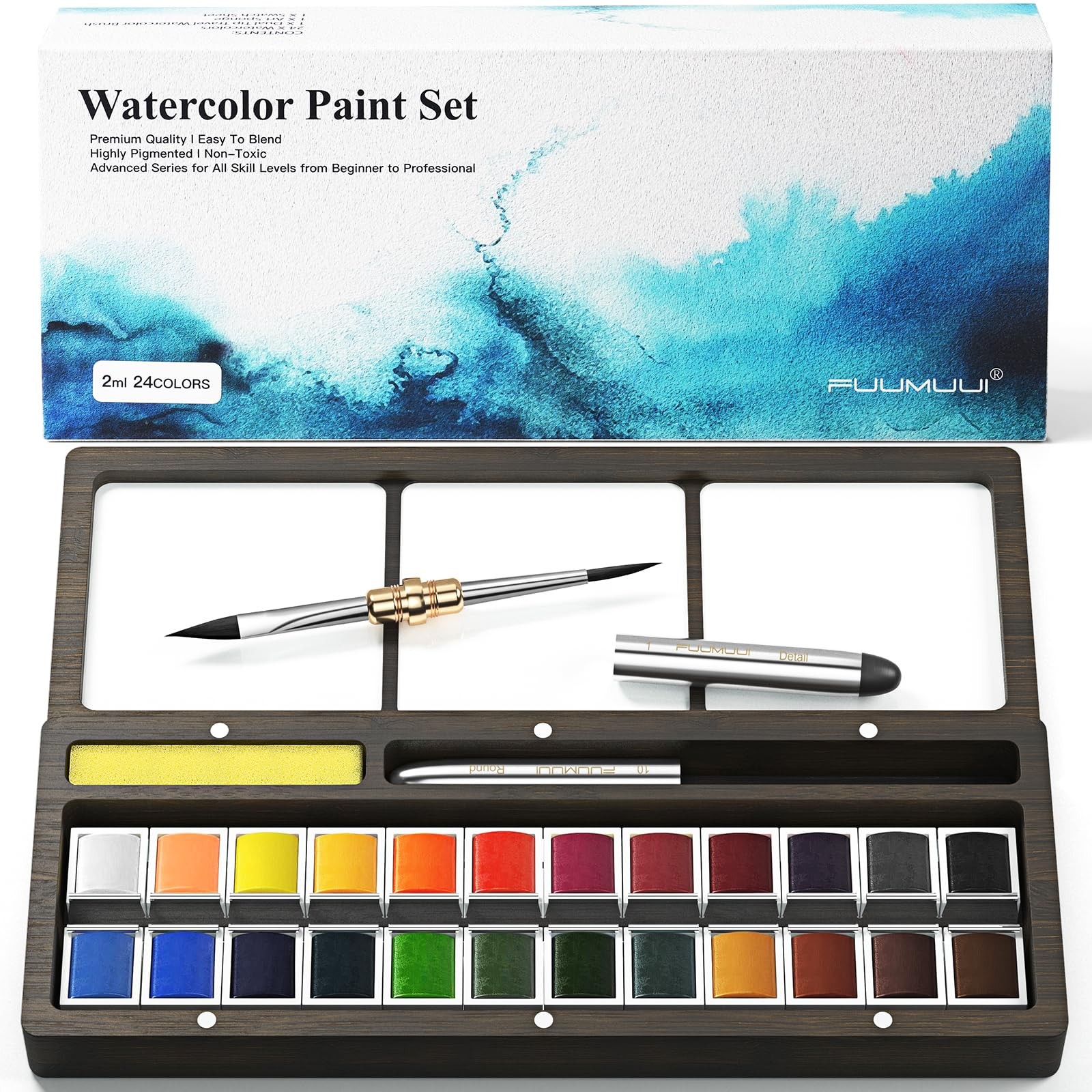 Best Fuumuui Watercolor Paint Set 24 Paints with Dual Tip Travel Brushes Wooden