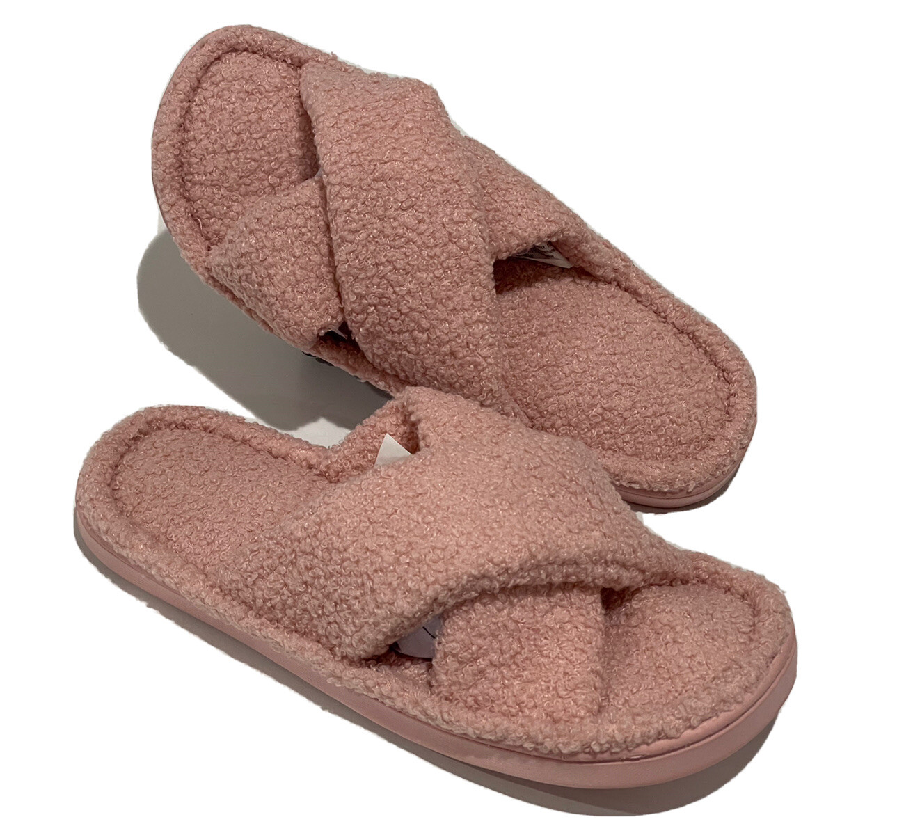 Jenni Women’s  Faux Sherpa Cross-Strap Slide Boxed Slippers Peachskin  M 7-8-NEW