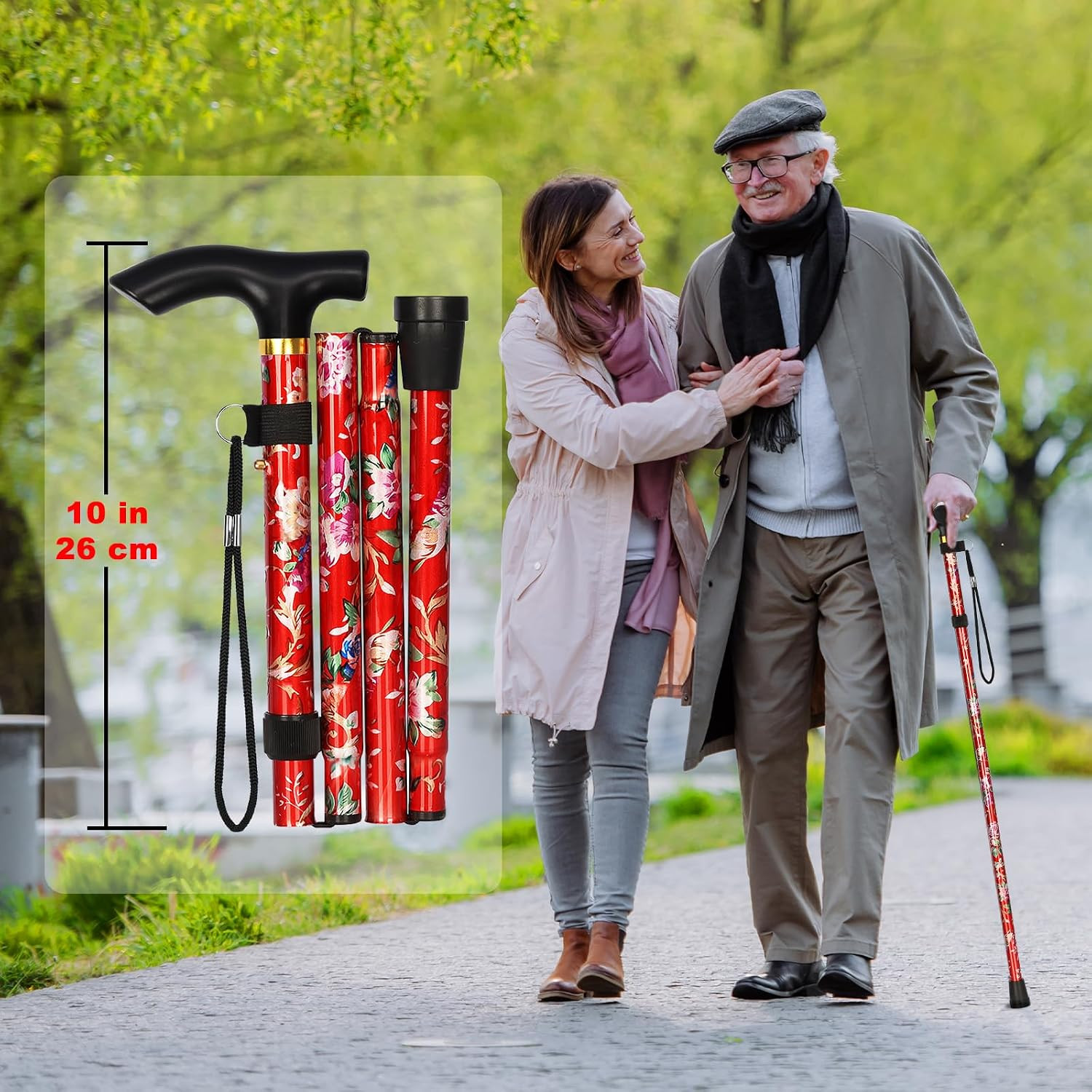 Folding Cane, Portable 5-Level Adjustable Height Walking Stick with Foldable ...