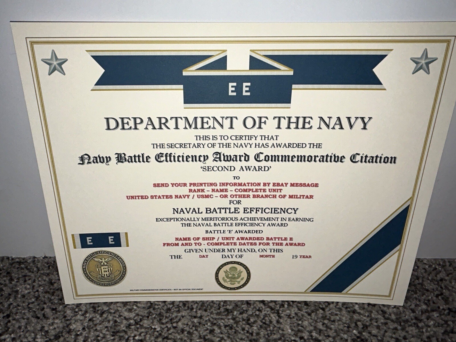 NAVY BATTLE E CITATION~2ND AWARD COMMEMORATIVE CERTIFICATE ~ TYPE-2 / W/PRINTING