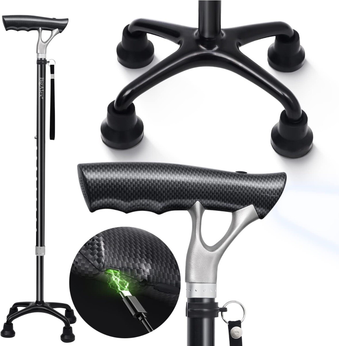 BigAlex Quad Cane Adjustable Lightweight Walking Cane Flexible-LED Handle