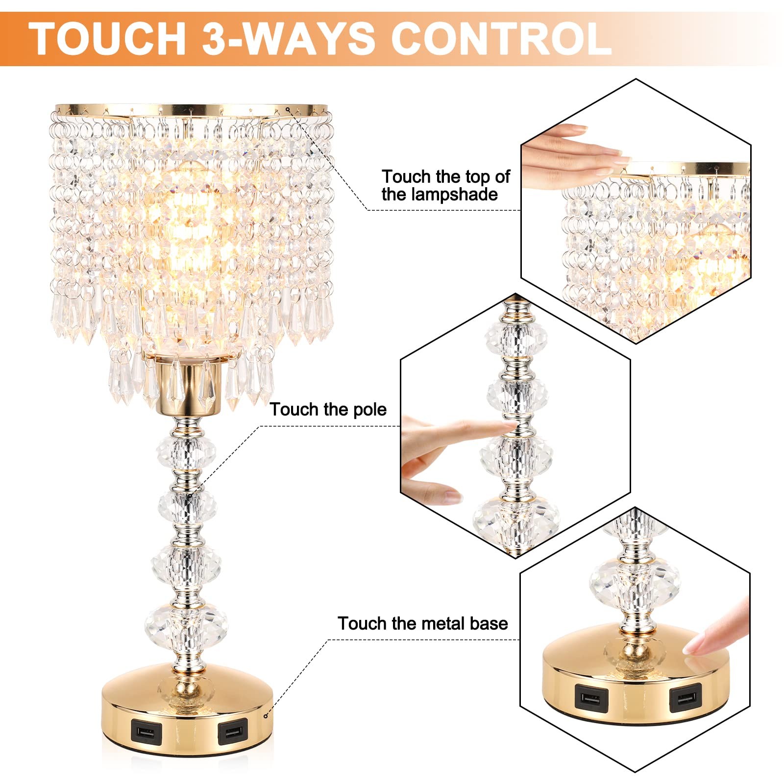 Acaxin Crystal Table Bedside Lamp Touch Control, 3-Way Medium-g, C:Gold
