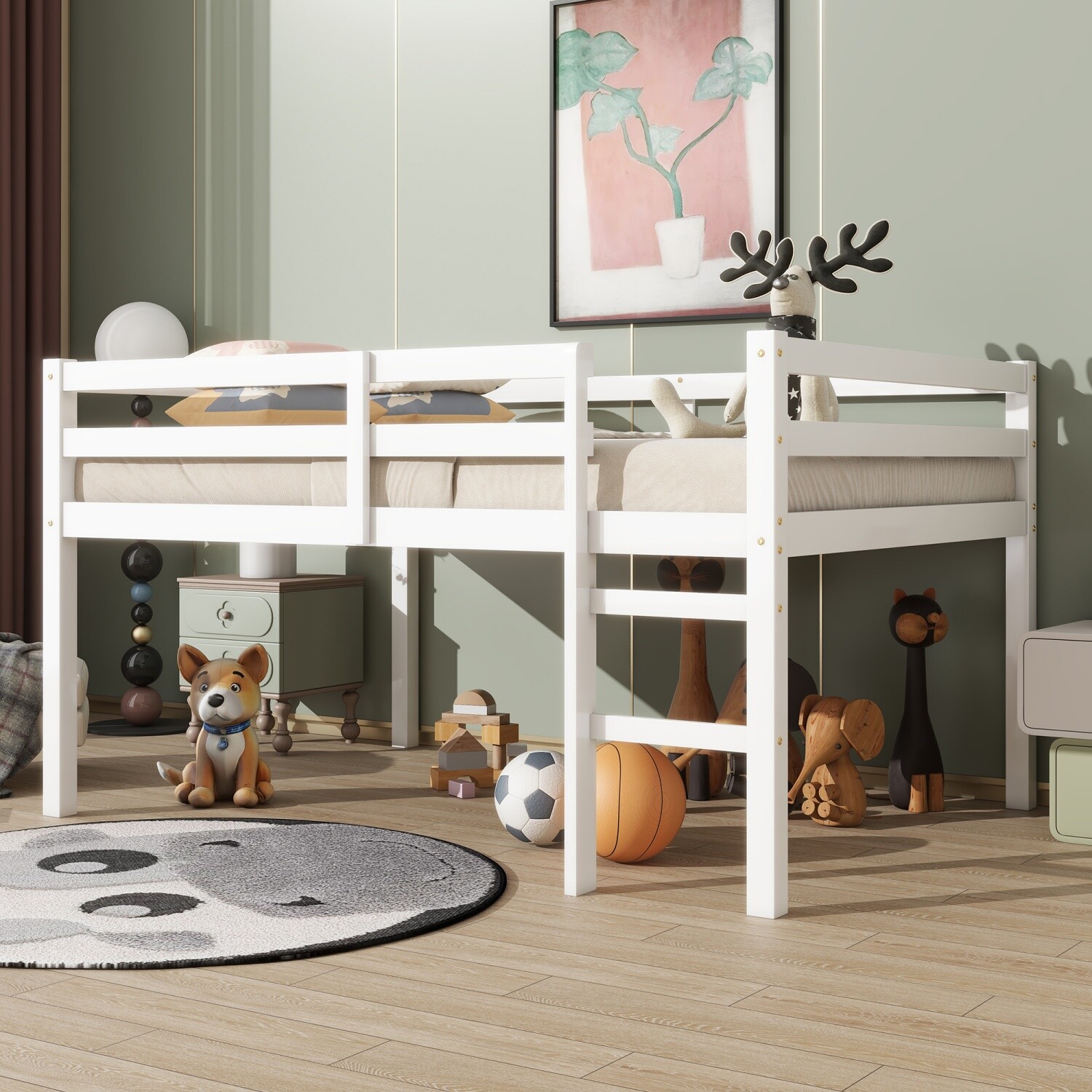Full Size Loft Bed Frame Wood Bed Frame with Ladder for Bedroom White/Gray