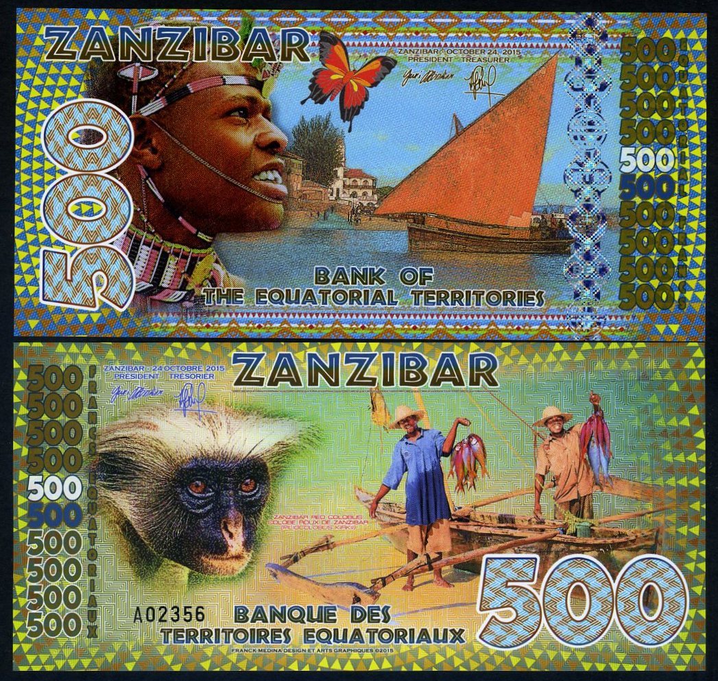 Equatorial Territories, Zanzibar 500 E Francs POLYMER 2015, UNC Monkey F