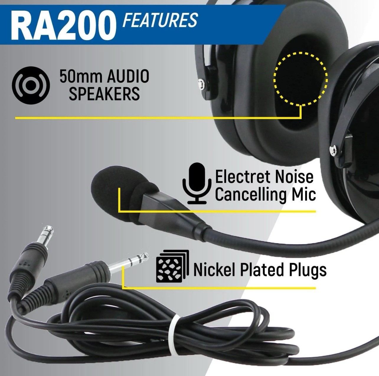 Rugged Air RA200 General Aviation Student Pilot Headset Music Input A20 GA Plug