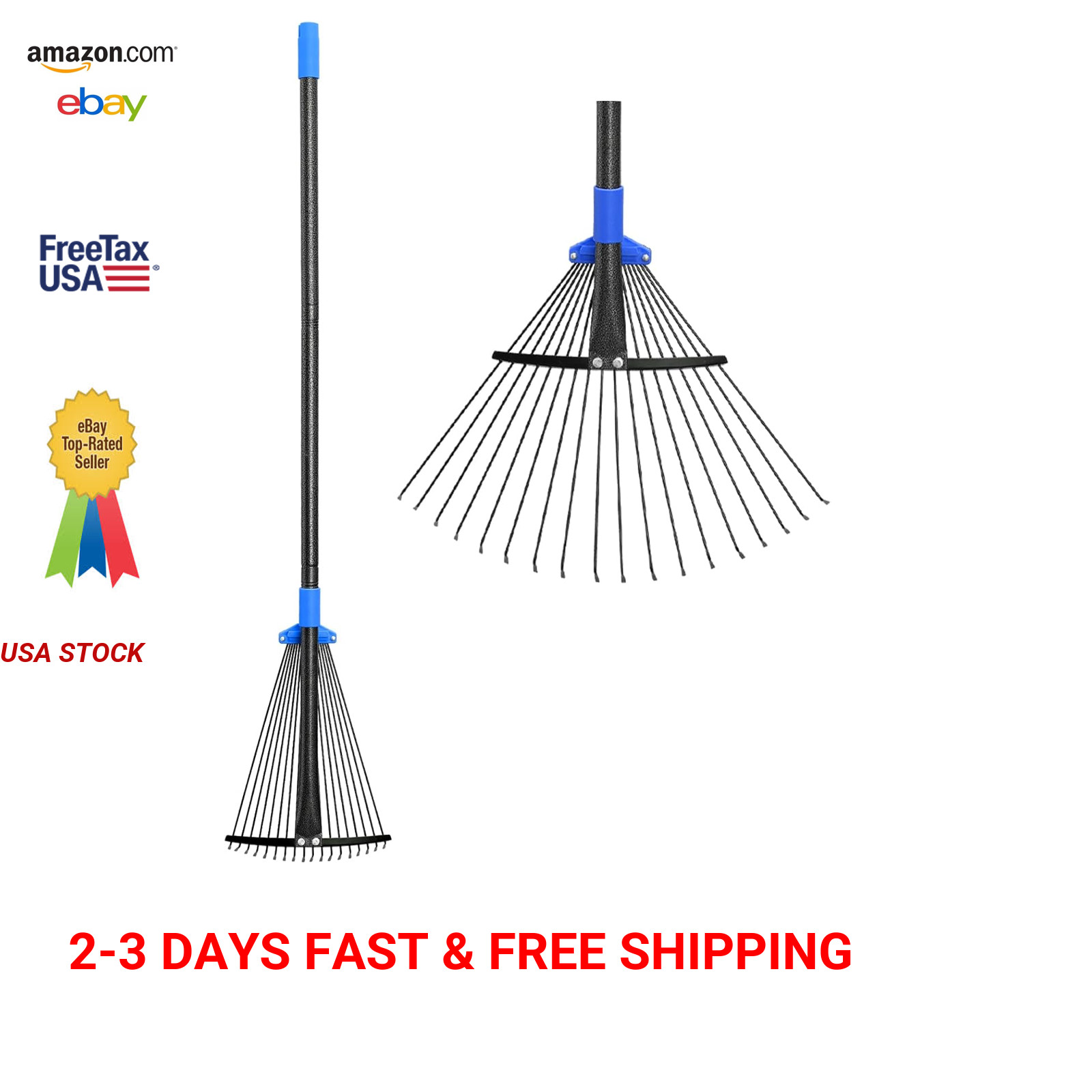 Adjustable Metal Leaf Rake Long Handle Garden Rake for Lawns Leaves Heavy Duty