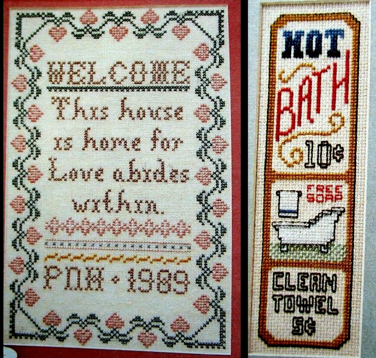 Hot Bath Free Soap Welcome 10¢ Home Love Abides Within 2 CROSS STITCH PATTERNS