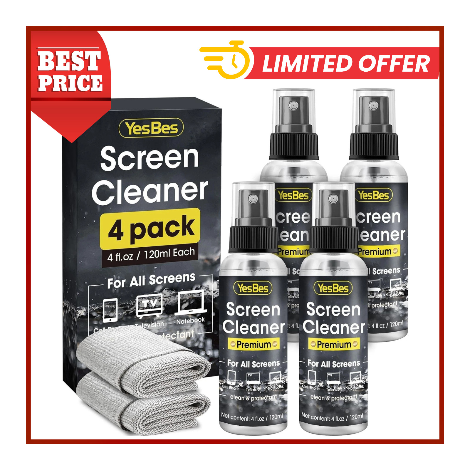 Screen Cleaner Spray 16Oz (4Oz X 4 Pack) - TV & Computer Screen Cleaner