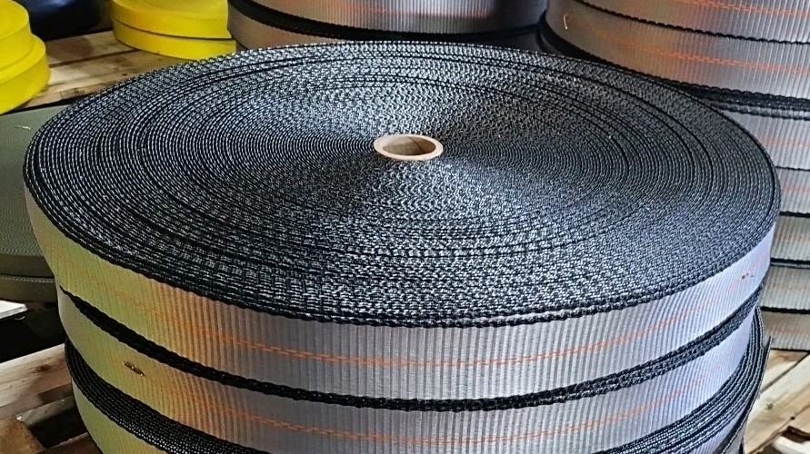 260' Roll of 2" Silver w/ Orange Center Stitch & Black Edges Tie Down Webbing