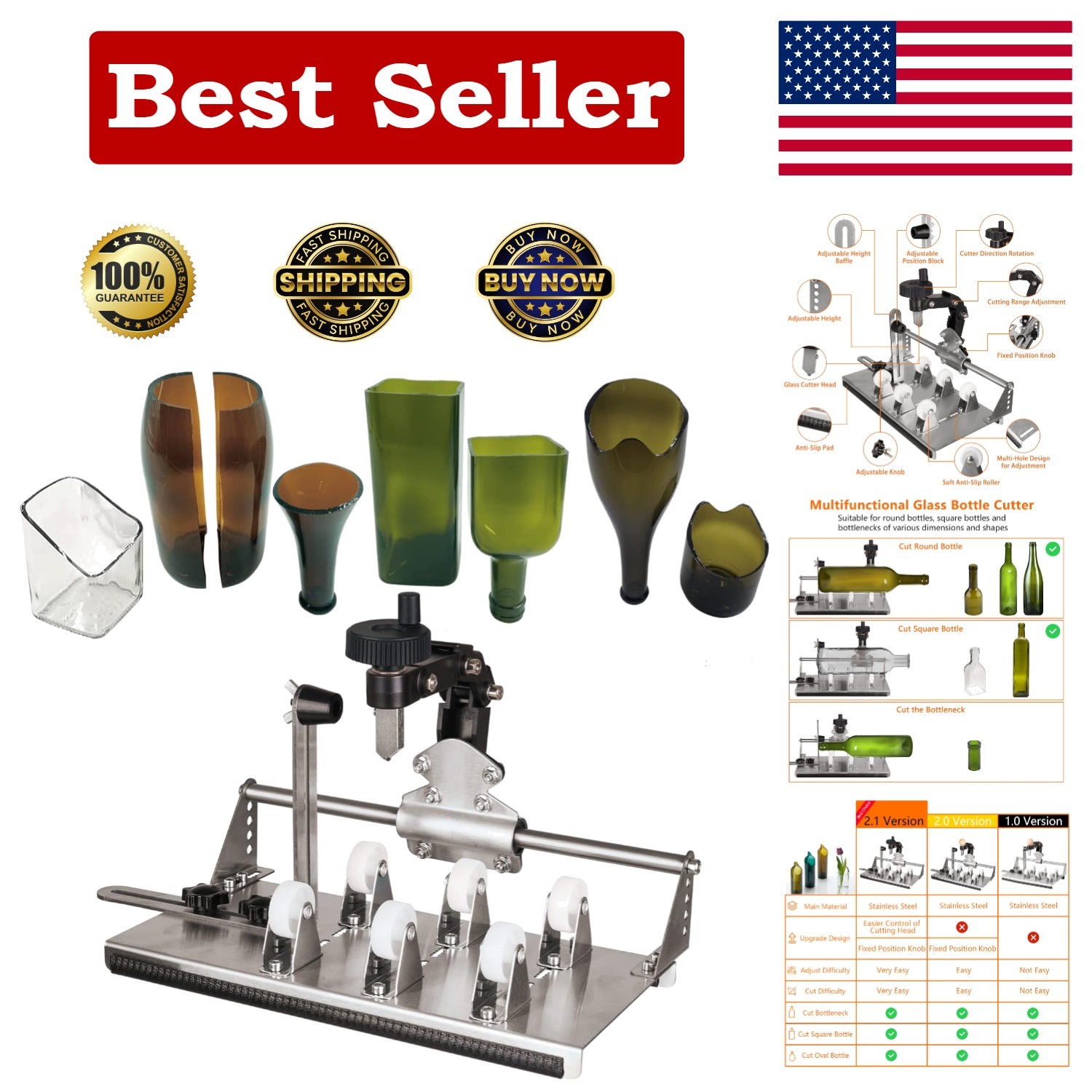 Glass Bottle Cutter - Upgraded Curve Glass Cutter Kit for Cutting Round, Squa...