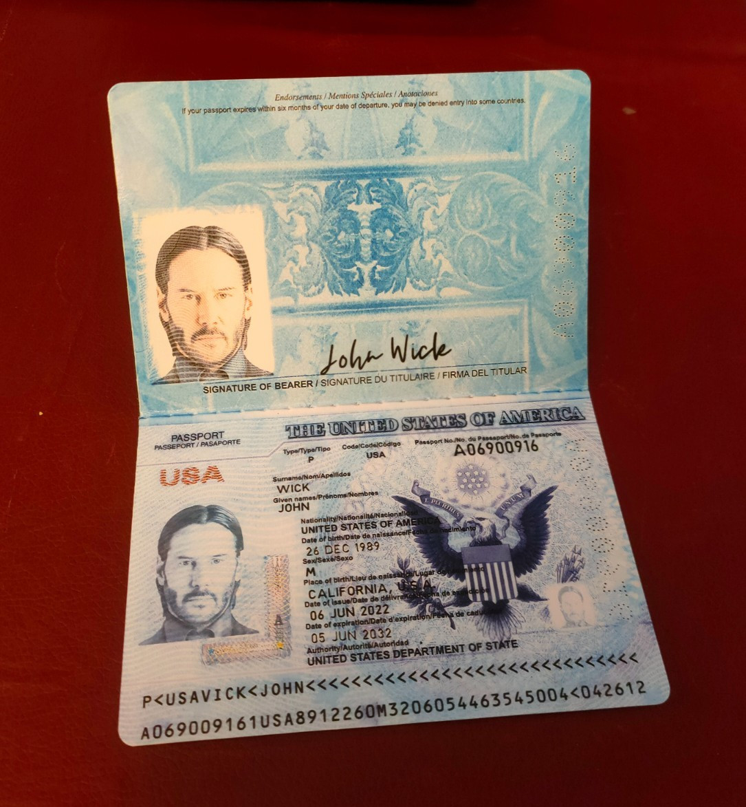 PROP - John Wick USA Passport Inner fan print