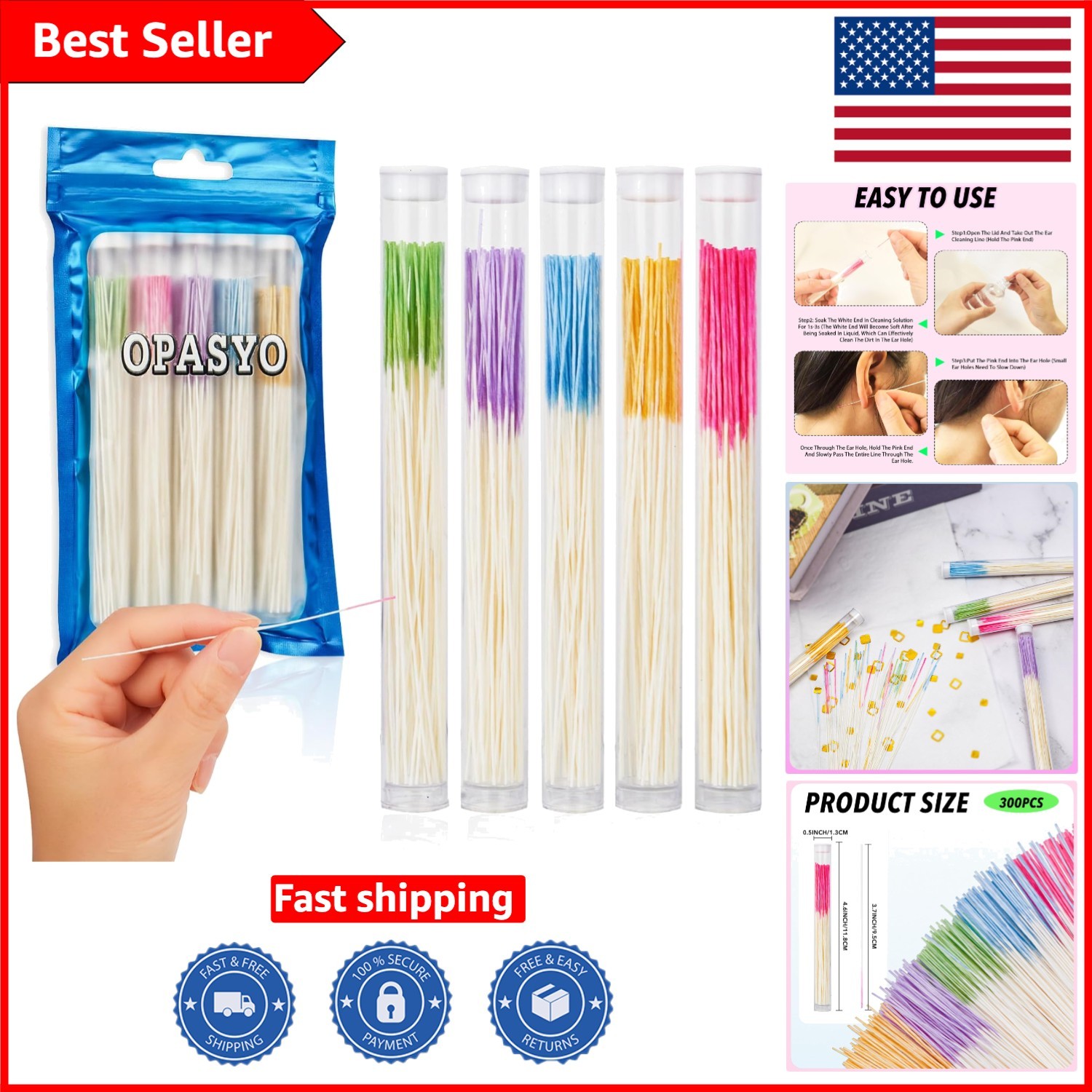 300PCS Disposable Ear Piercing Cleaner Floss – Gentle Care in 5 Stylish Colors