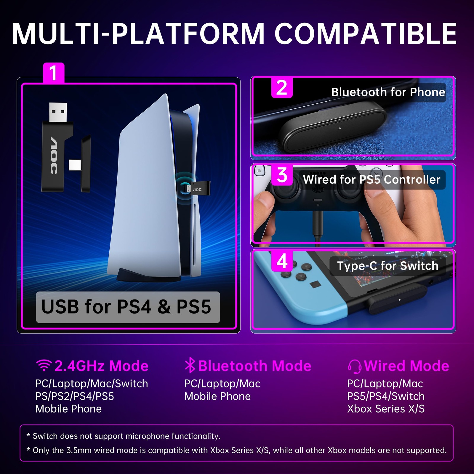 AOC Wireless Gaming Headset Compatible with ps5/4, PC, USB-C & White