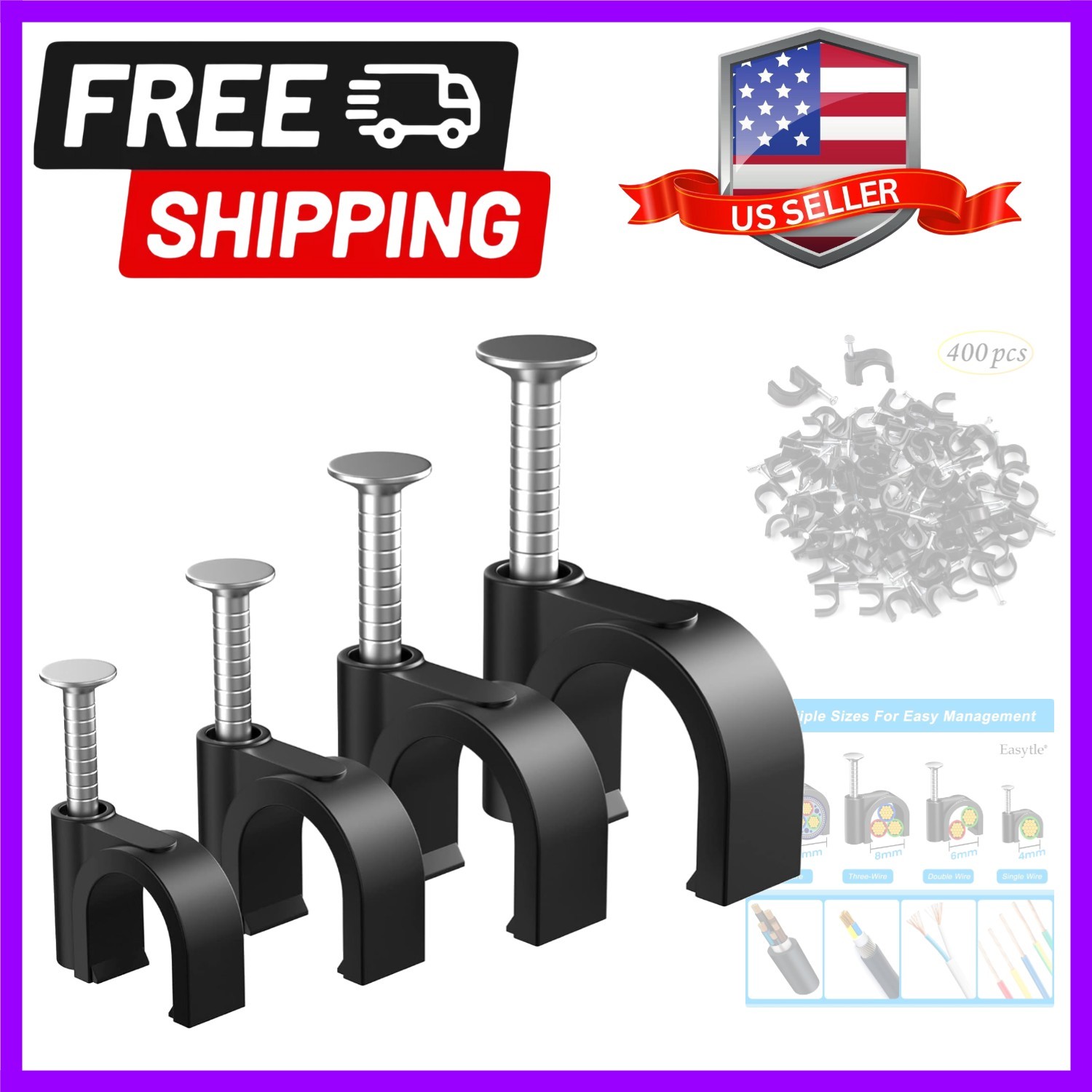 400pcs Black Cable Clips 4/6/8/10mm Cable Wire Clips Nail in Cable Clips Cabl...