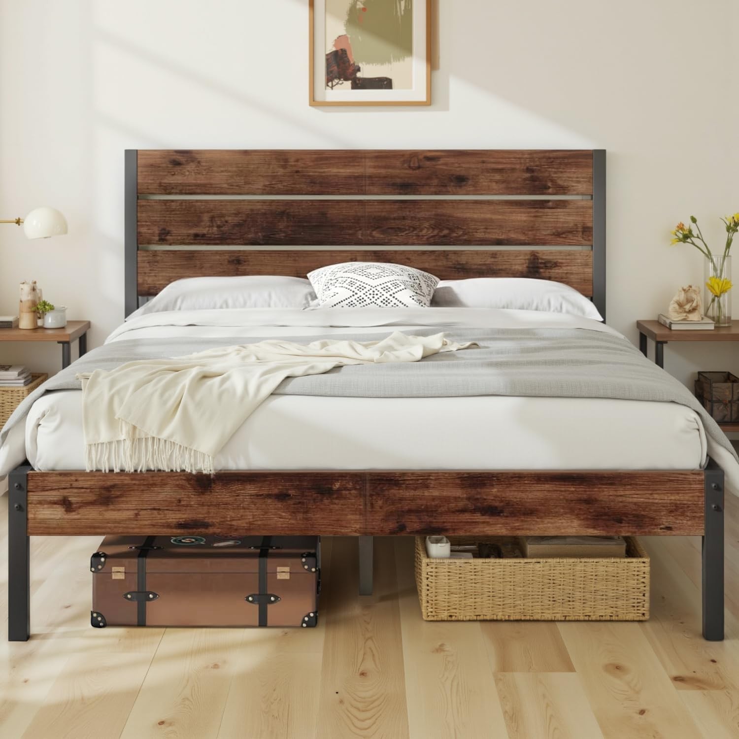 Queen Bed with Headboard and Footboard with Under Bed Storage All-Metal Support