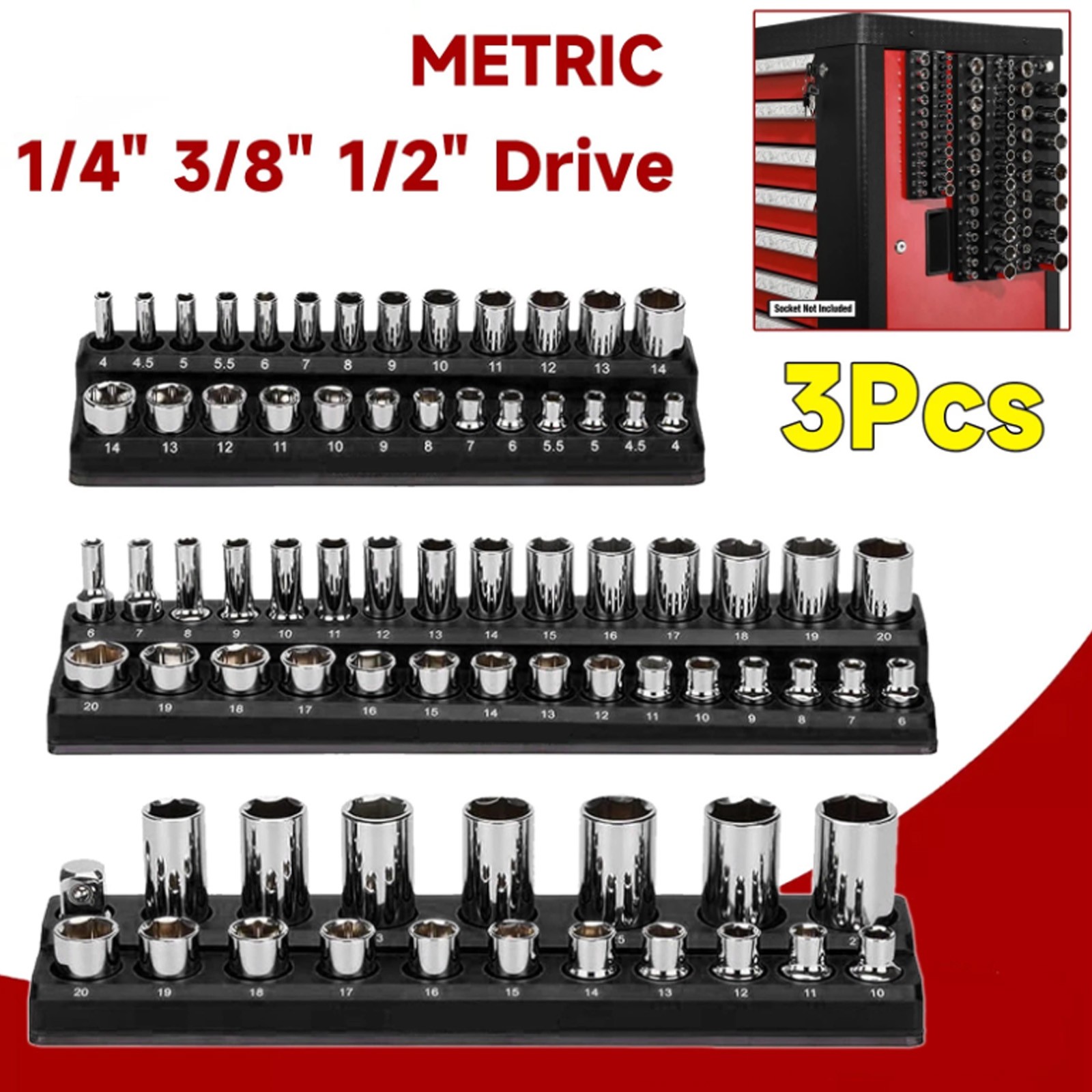 3PCS Magnetic Socket Organizer Set Storage Holder 1/4" 3/8" & 1/2" Drive Metric
