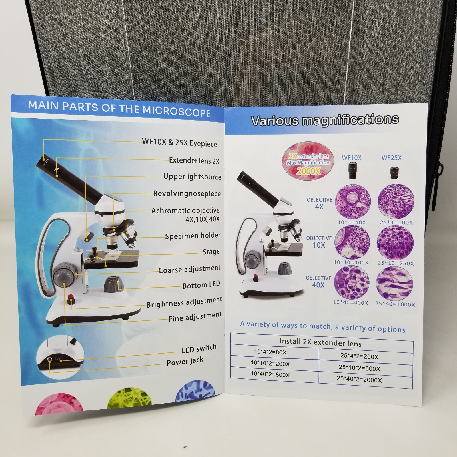 40X-2000X Biological LED Microscope Monocular Homeschool Student Kit