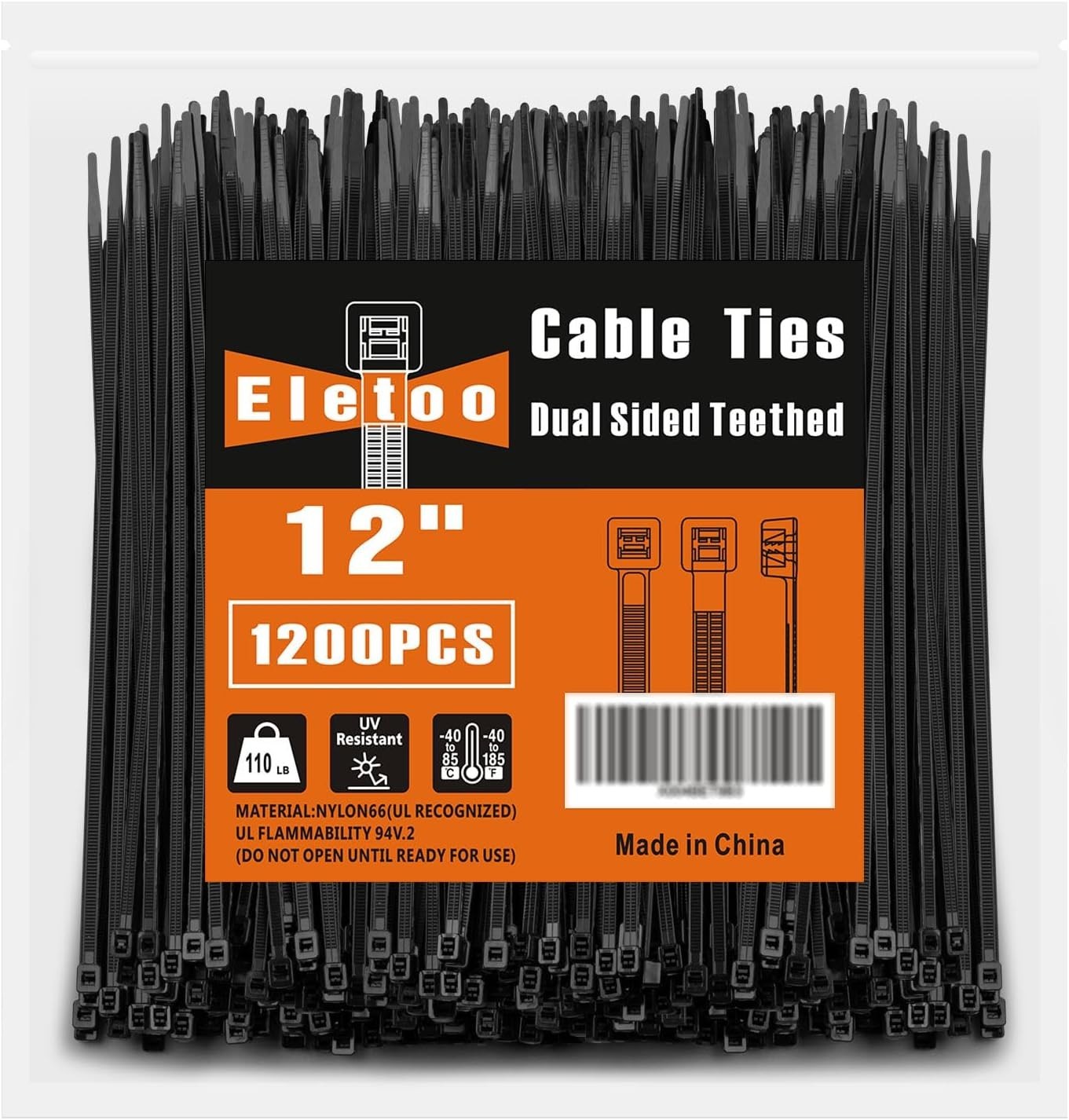 12 In Black Zip Ties Heavy Duty 1200 Pack,110 LBS Tensile Strength, Self-Locking