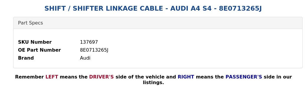 SHIFT / SHIFTER LINKAGE CABLE - AUDI A4 S4 - 8E0713265J